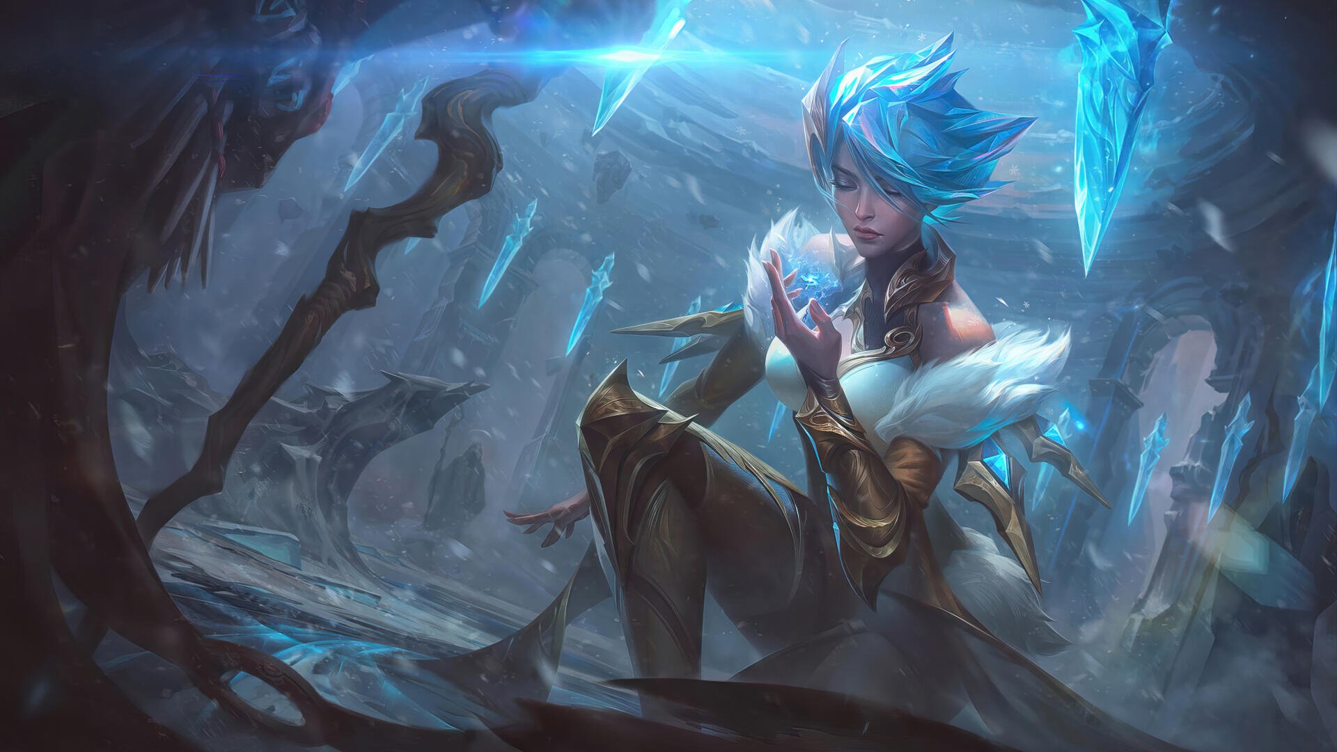 A stunning 8K Ultra HD wallpaper featuring Irelia from League of Legends, showcasing her in a dynamic, icy setting with vibrant blue accents and intricate details.
