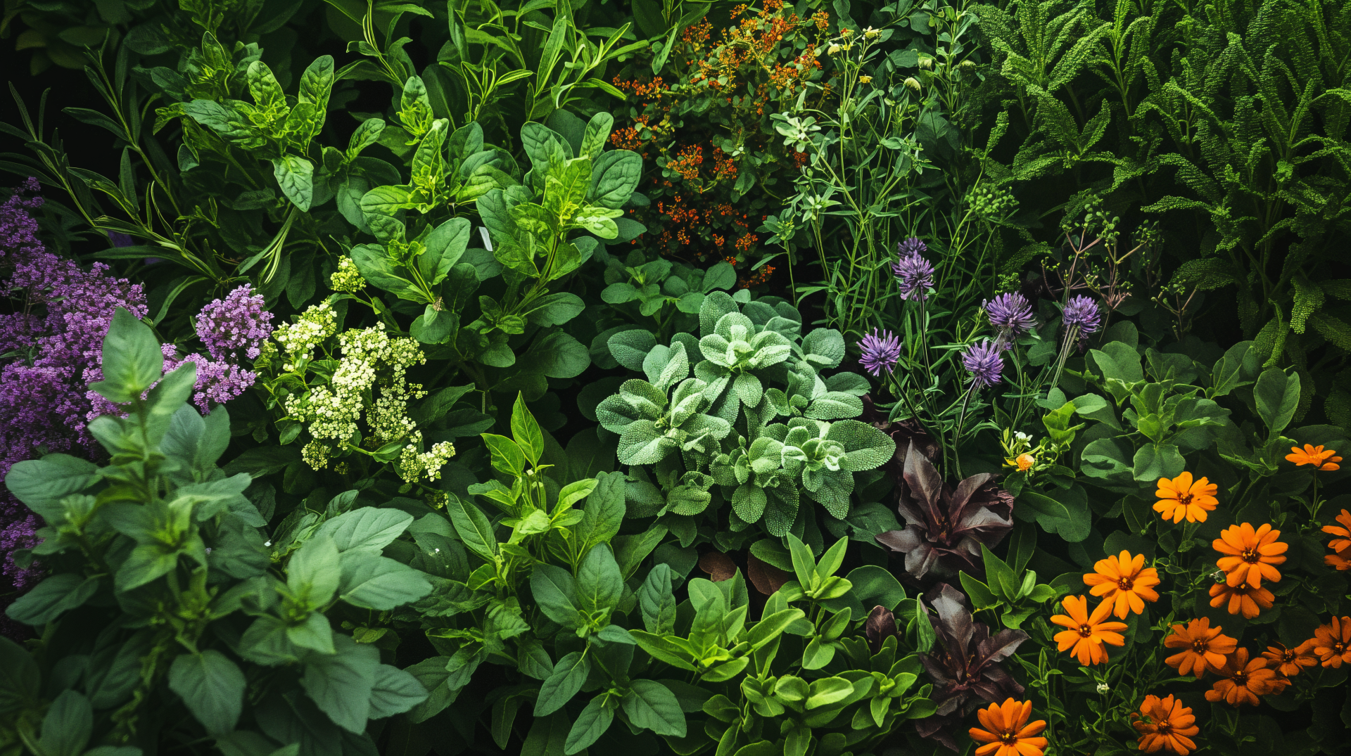 A vibrant herb garden showcases a lush variety of greens, with pops of purple and orange flowers, captured in stunning 4K Ultra HD detail for a striking desktop wallpaper.