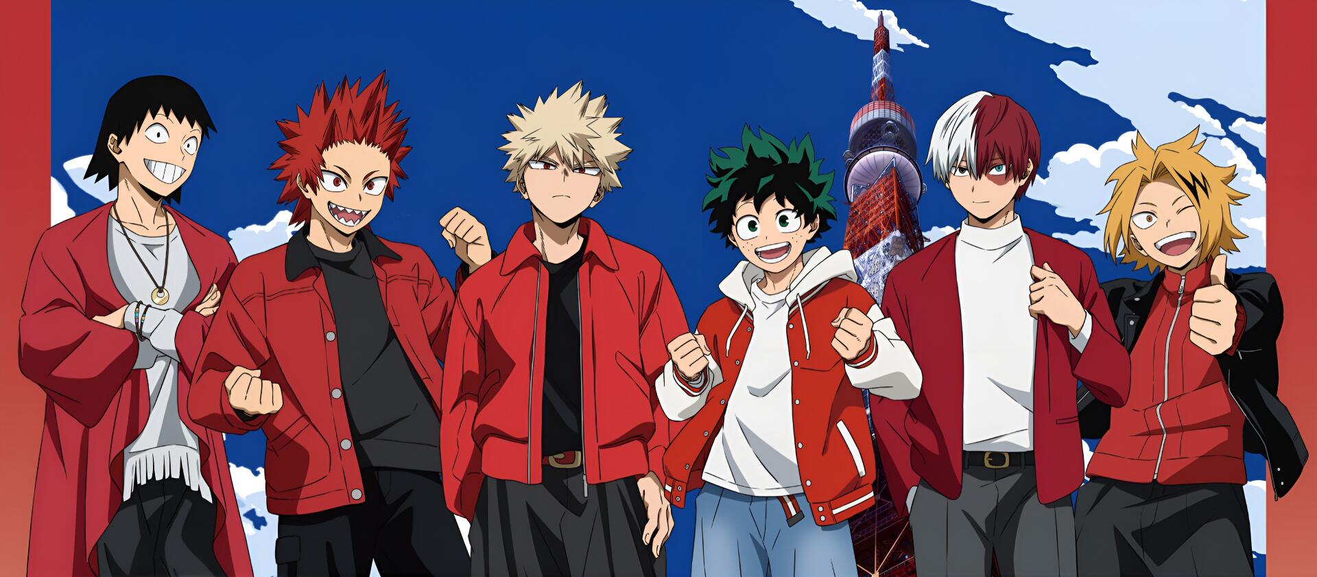 HD PC desktop wallpaper featuring four main characters from the anime My Hero Academia, standing confidently against a clear blue sky with a tower in the background.
