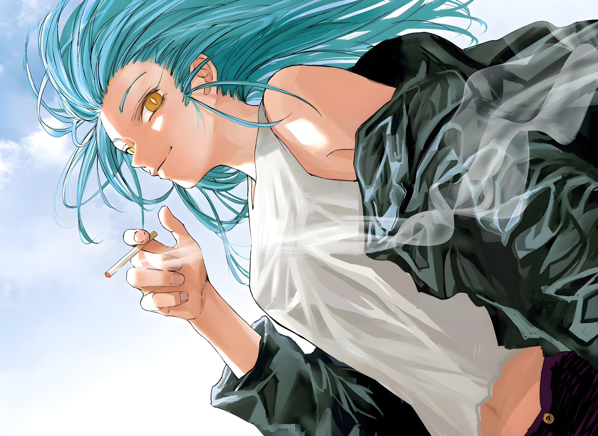 A dynamic character from Sakamoto Days, with striking blue hair and a playful expression, holds a cigarette against a vibrant sky, featured in a detailed 4K Ultra HD anime wallpaper.
