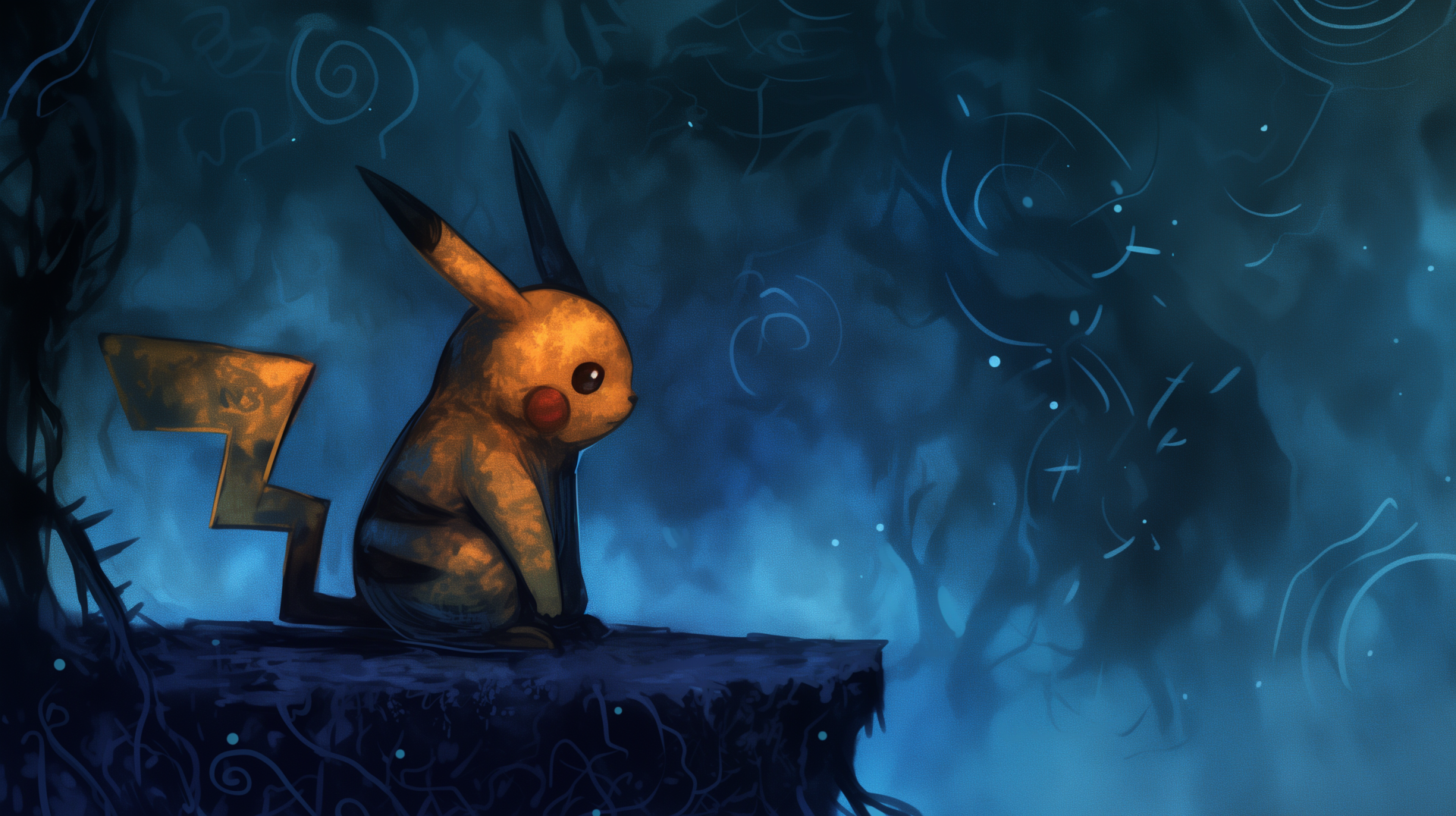 A sad Pikachu sits alone on a cliff, surrounded by a mysterious blue mist, capturing a poignant moment in an anime-inspired HD desktop wallpaper.