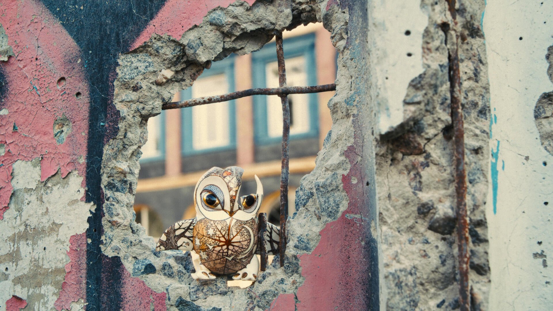 A whimsical owl peeks through a crumbling wall adorned in vibrant colors, capturing a scene from the movie Porcelain War in this stunning 4K Ultra HD desktop wallpaper.