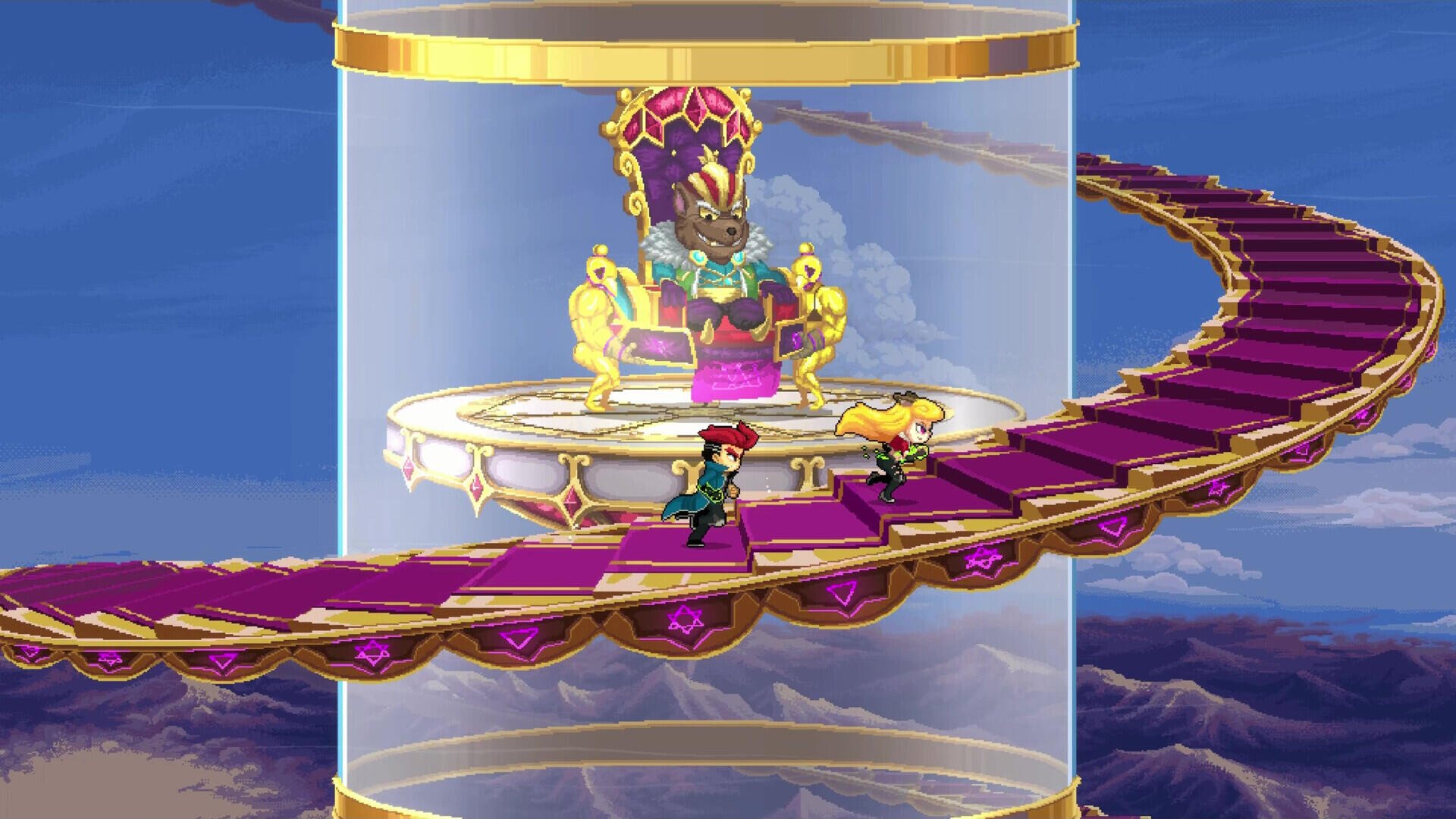 A vibrant HD desktop wallpaper from the video game Spirit Mancer, showcasing characters navigating a luxurious, ornate platform leading to a majestic throne surrounded by scenic horizons.