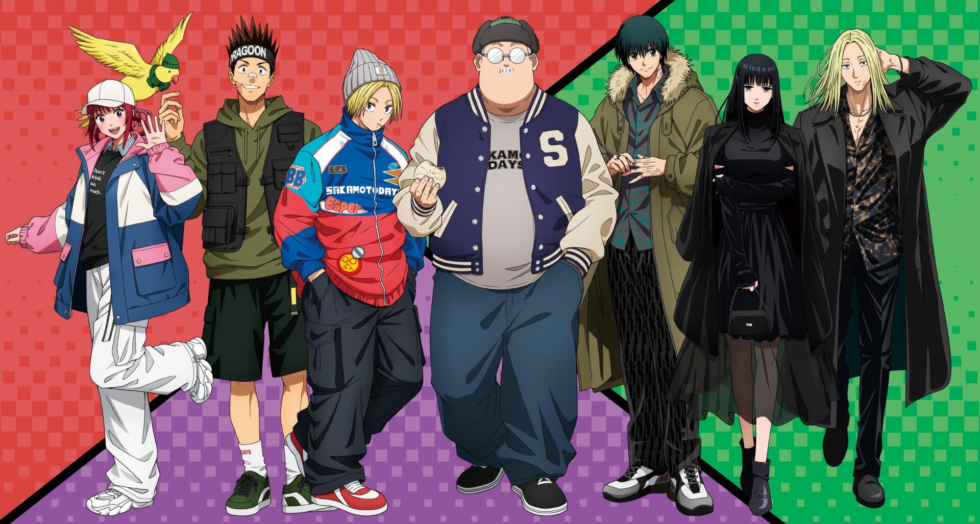 HD PC desktop wallpaper featuring the main characters from the anime Sakamoto Days against a colorful checkered background.