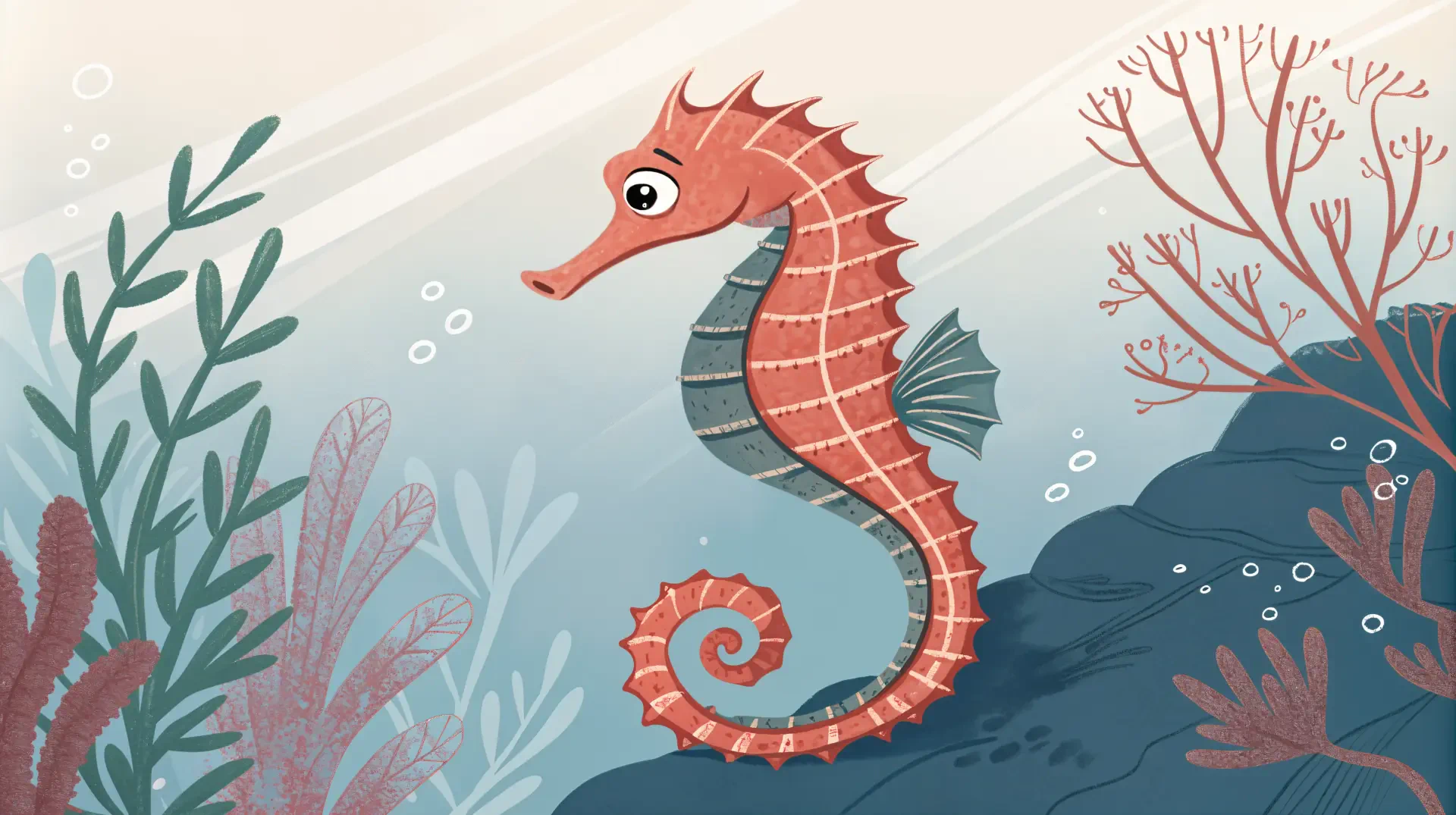 A colorful seahorse swimming among aquatic plants, set against a soft, ocean-inspired background. This vibrant illustration serves as a captivating 4K Ultra HD desktop wallpaper.