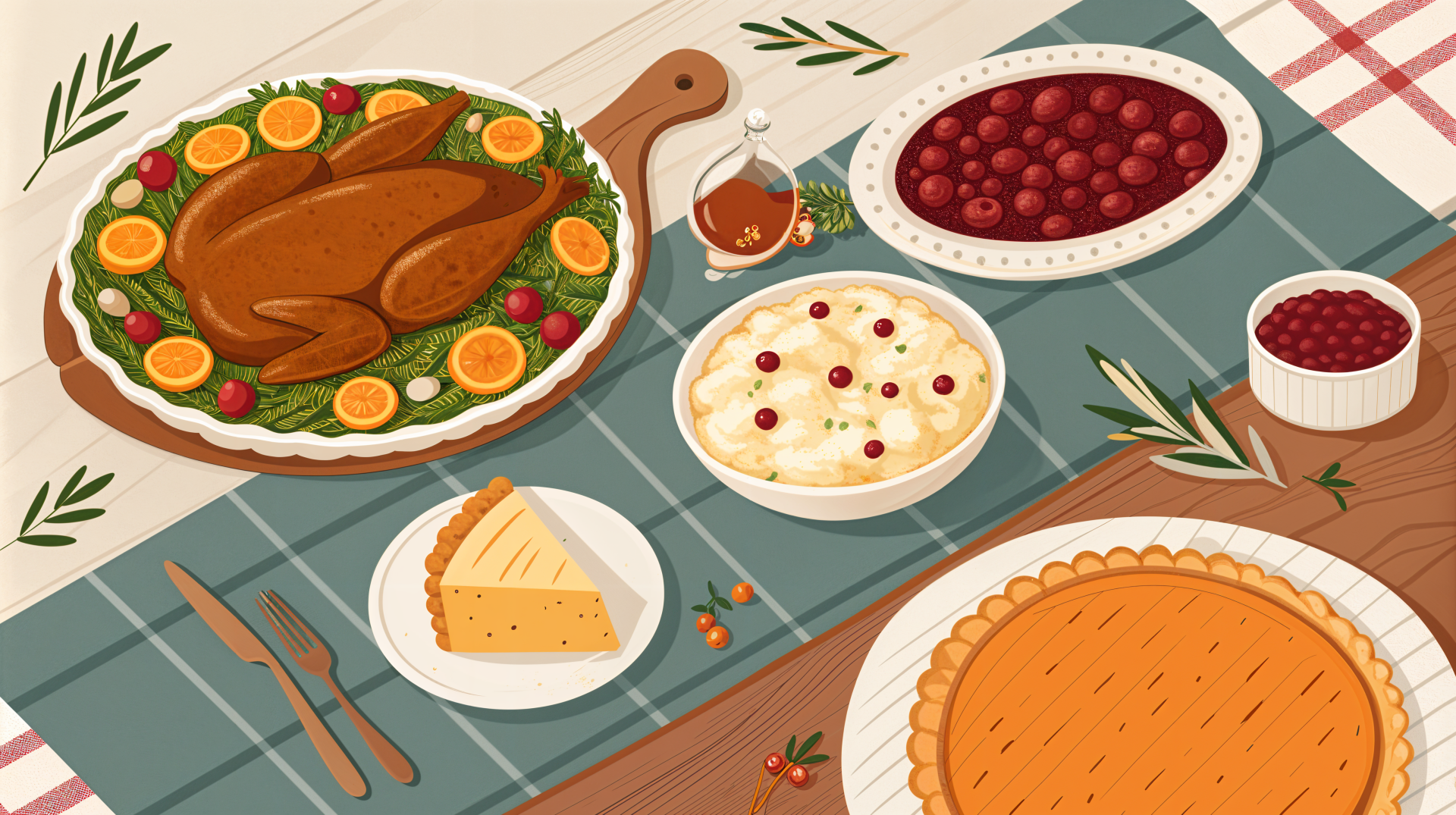 A festive Thanksgiving dinner spread features a beautifully roasted turkey, cranberry sauce, creamy mashed potatoes, pumpkin pie, and cheese, all arranged on a decorative table setting.