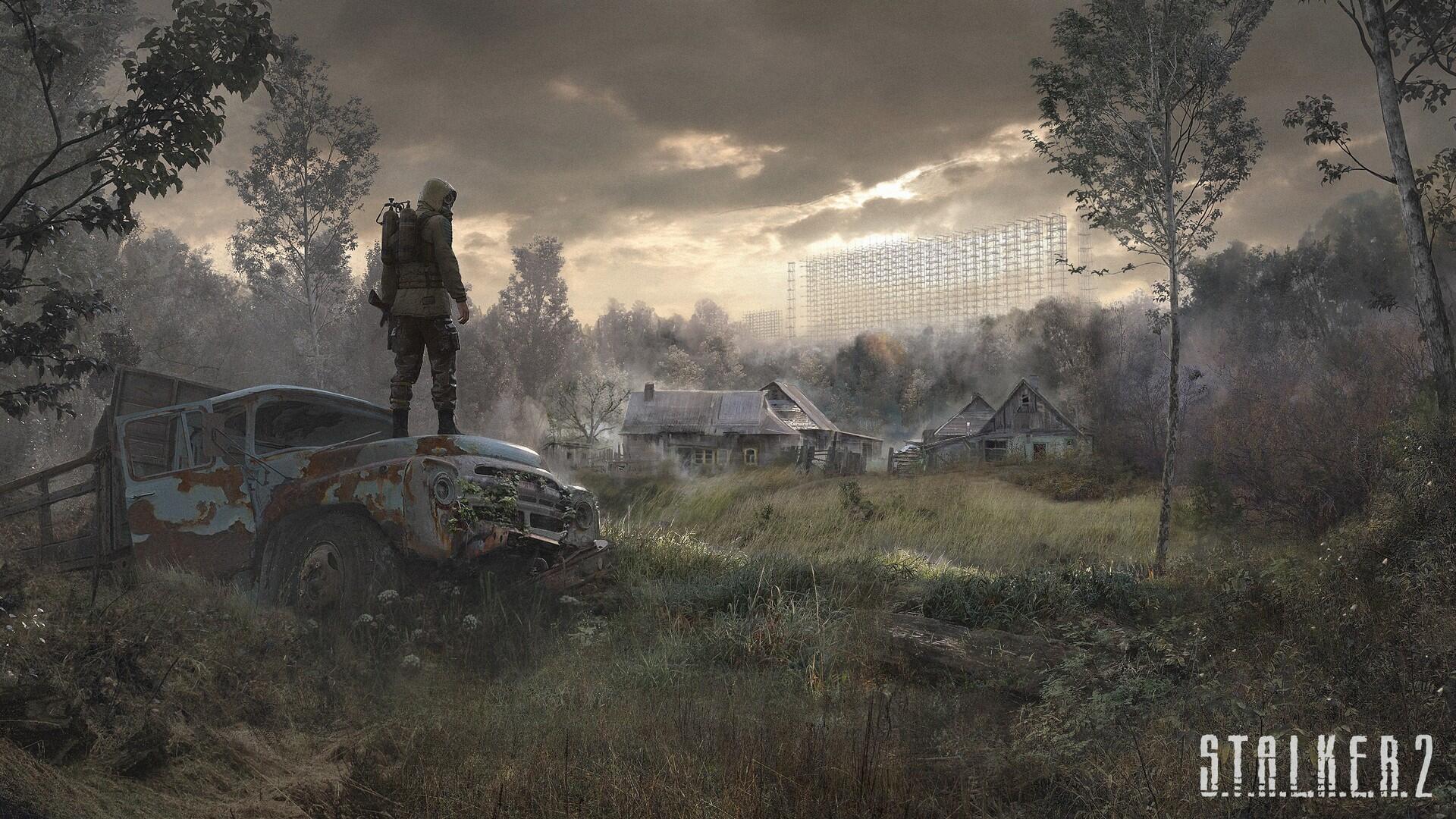 An atmospheric HD wallpaper from S.T.A.L.K.E.R. 2: Heart of Chernobyl, featuring a lone figure standing on a vehicle, overlooking a desolate landscape under a dramatic sky.