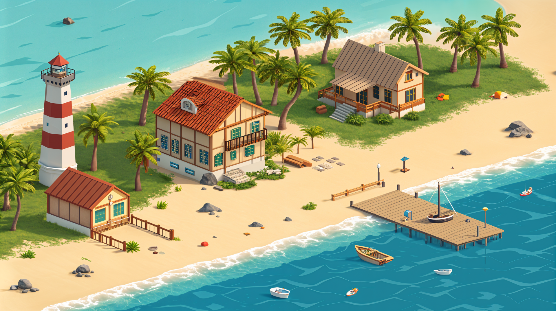 A vibrant seaside scene featuring a lighthouse, beach houses, palm trees, and boats. This colorful illustration serves as a stunning 4K Ultra HD PC desktop wallpaper and background.