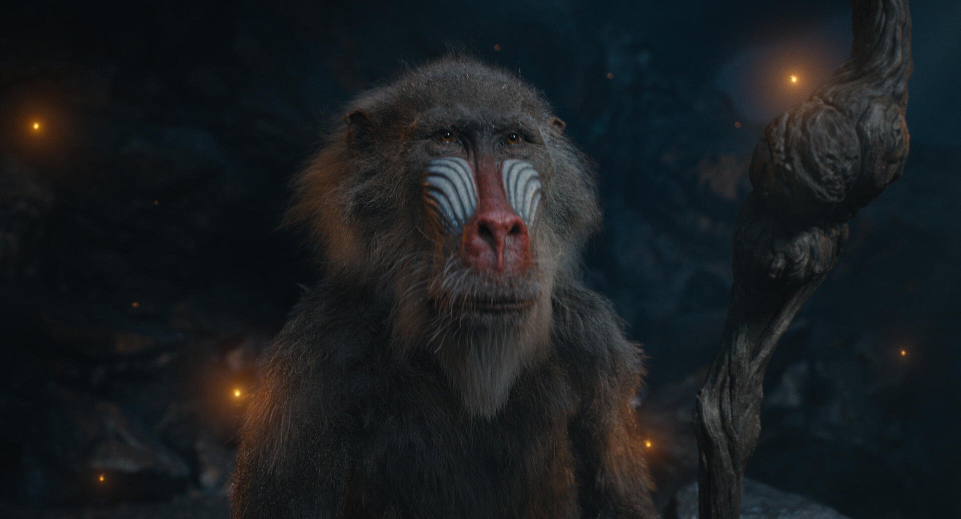 A close-up of a wise baboon from Mufasa: The Lion King, featuring intricate markings on its face, set against a mystical backdrop with glowing lights, designed as an HD PC desktop wallpaper.