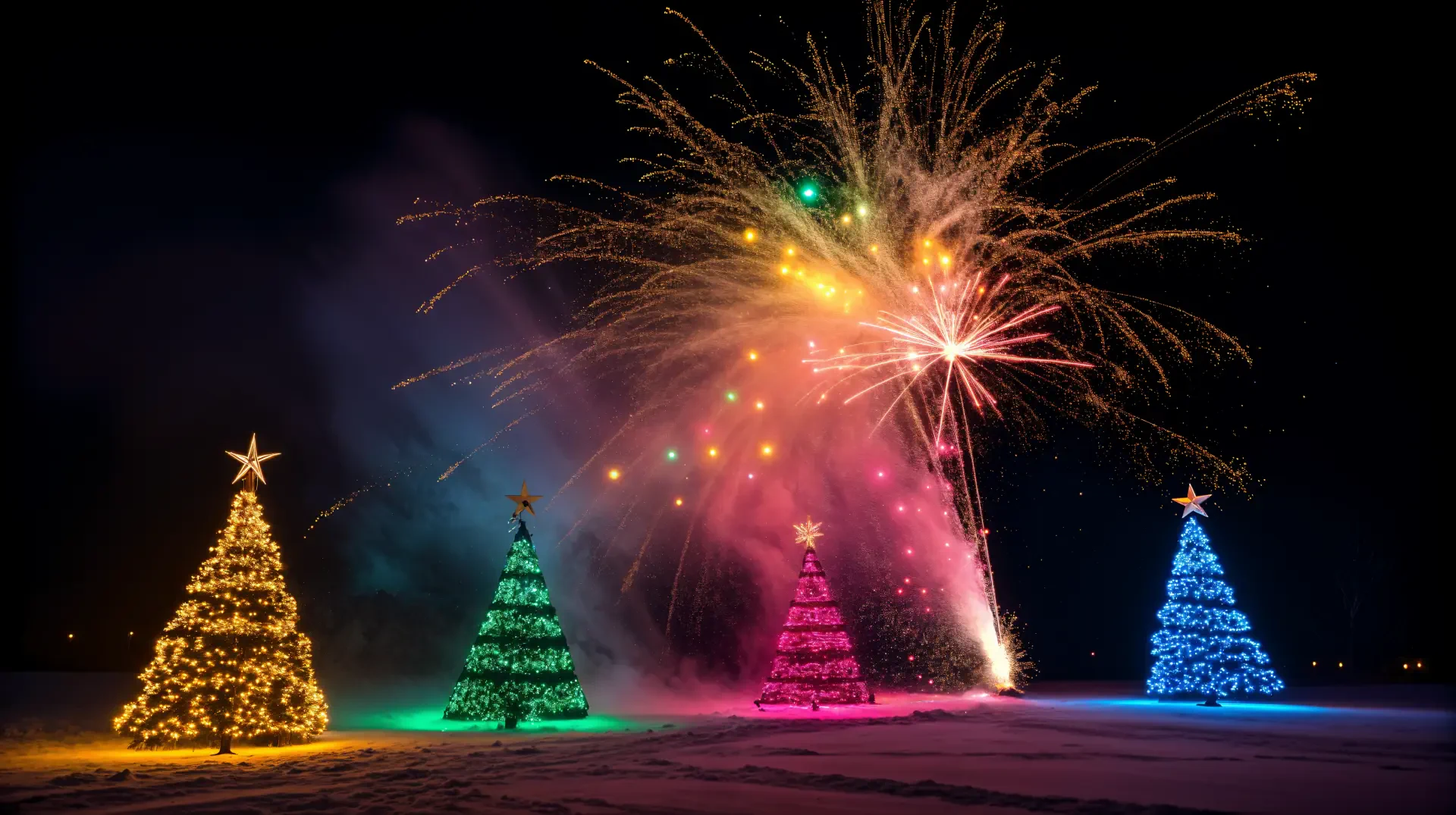 A vibrant scene featuring four illuminated Christmas trees in various colors, accompanied by colorful fireworks, captured in stunning 4K Ultra HD for a festive desktop wallpaper.