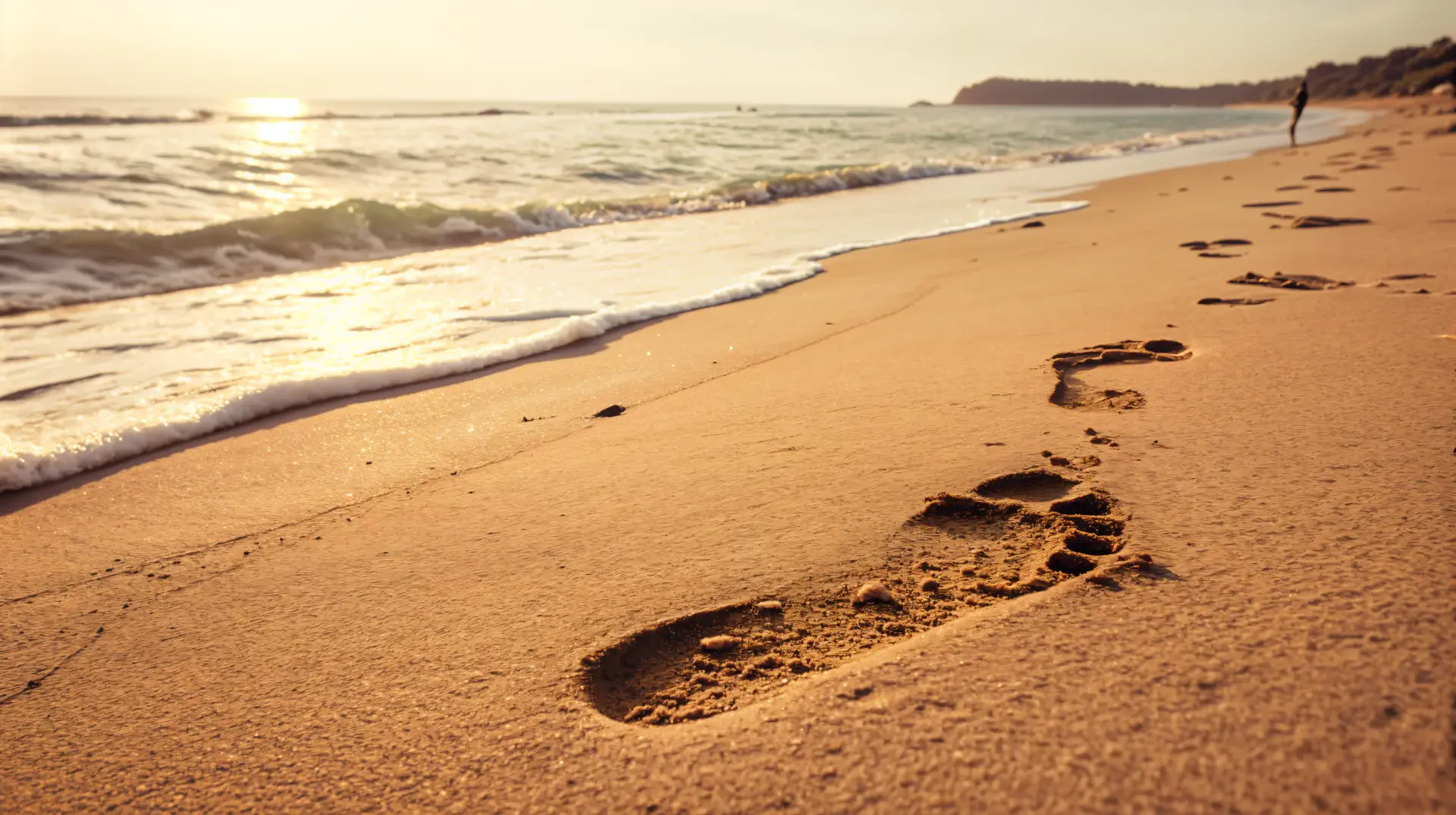 A serene beach scene featuring a close-up of footprints in the sand, with gentle waves lapping at the shore, captured in stunning 4K Ultra HD resolution.