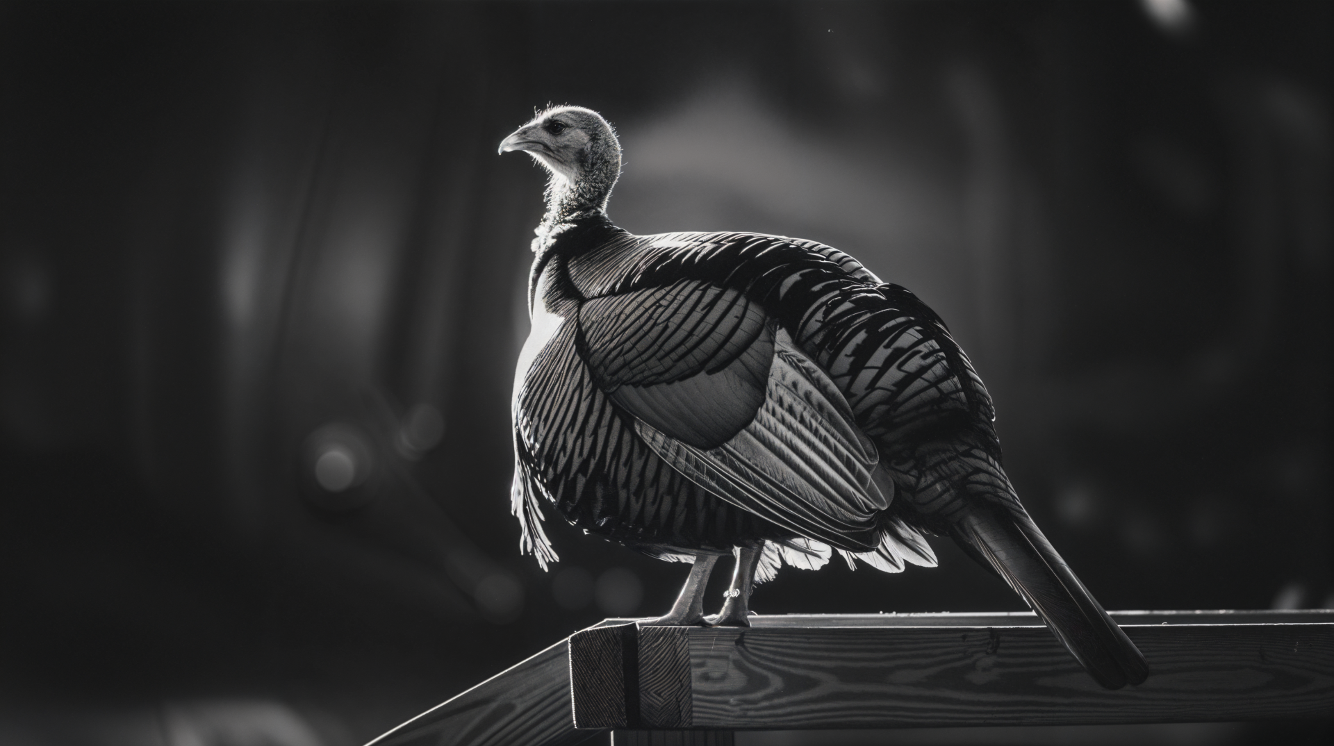 A striking black-and-white image of a turkey standing gracefully on a wooden ledge, showcasing its detailed feathers, featured as a 4K Ultra HD PC desktop wallpaper and background.