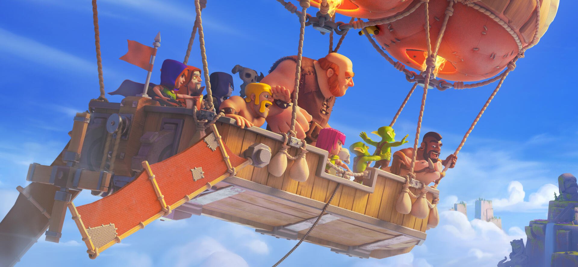 A vibrant HD wallpaper featuring characters from Clash of Clans, helmed by Supercell, aboard a steampunk airship soaring through a bright blue sky.