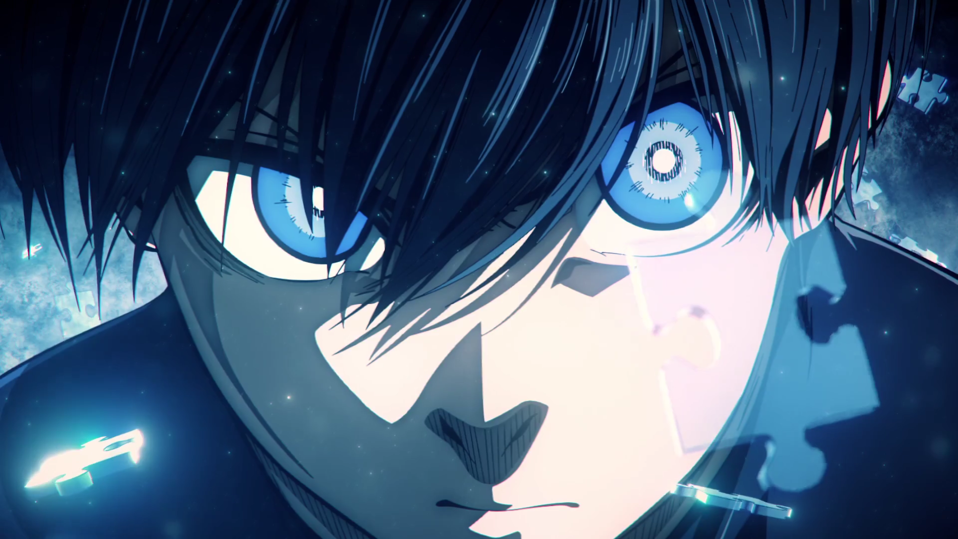 Close-up HD wallpaper of Isagi Yoichi from Blue Lock, featuring intense blue eyes and dynamic lighting on a dark background.