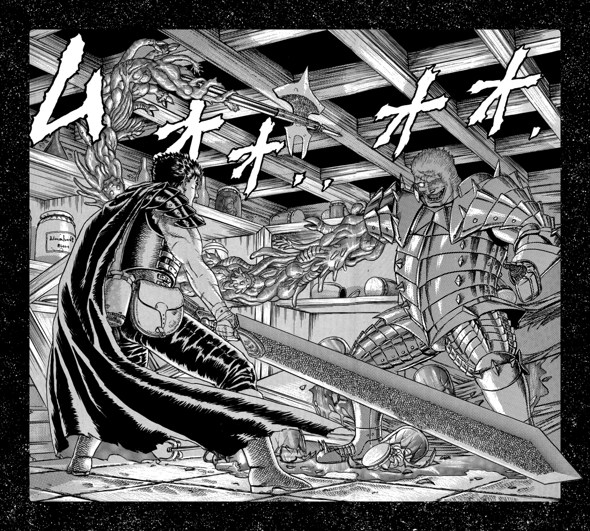 A high-definition manga-inspired wallpaper featuring a dynamic battle scene from Berserk, showcasing intense action and dramatic expressions in detailed monochrome art.