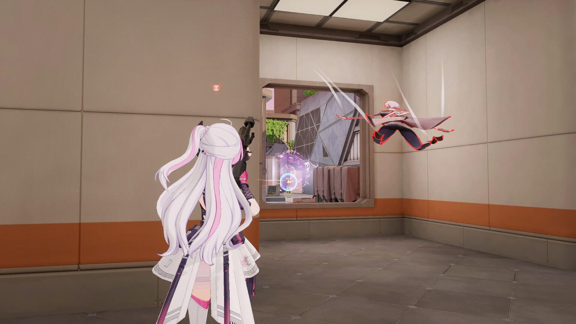 A stunning HD PC desktop wallpaper showcasing a character from the video game Strinova, poised in a dynamic scene with action unfolding in a futuristic environment.