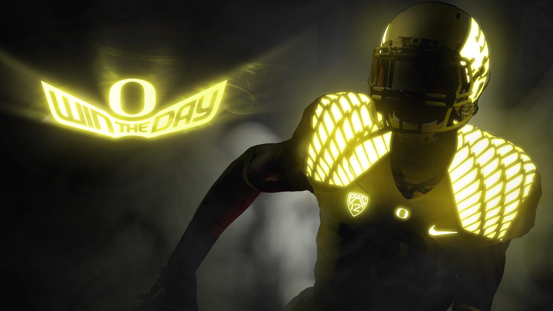 An Oregon Ducks football player in a striking yellow uniform stands against a dark background, embodying the spirit of competition with the slogan Win the Day. High-definition desktop wallpaper.