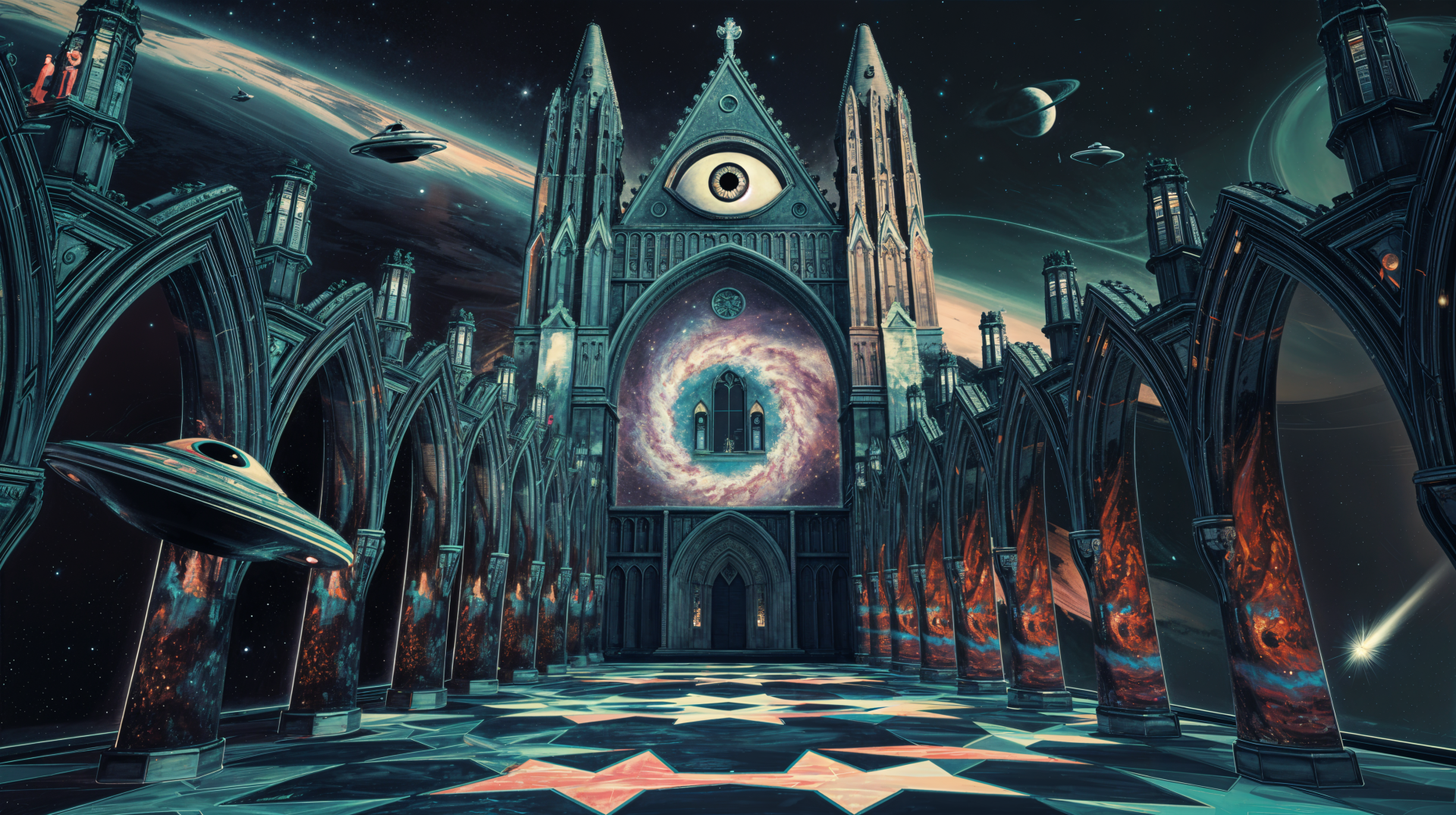 A surreal 4K Ultra HD desktop wallpaper featuring a gothic cathedral with an all-seeing eye and swirling galaxies, set against a cosmic backdrop with spaceships.