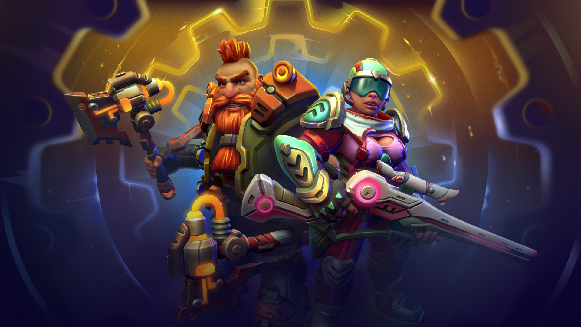 A vibrant HD desktop wallpaper featuring characters from Corepunk, showcasing a dwarf with a mechanical weapon alongside a futuristic companion, set against a stylized gear background.