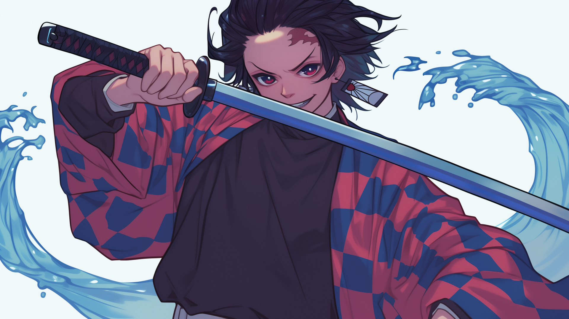 A vibrant HD wallpaper featuring Tanjiro Kamado from Demon Slayer: Kimetsu no Yaiba, wielding a sword with dynamic waves in the background.