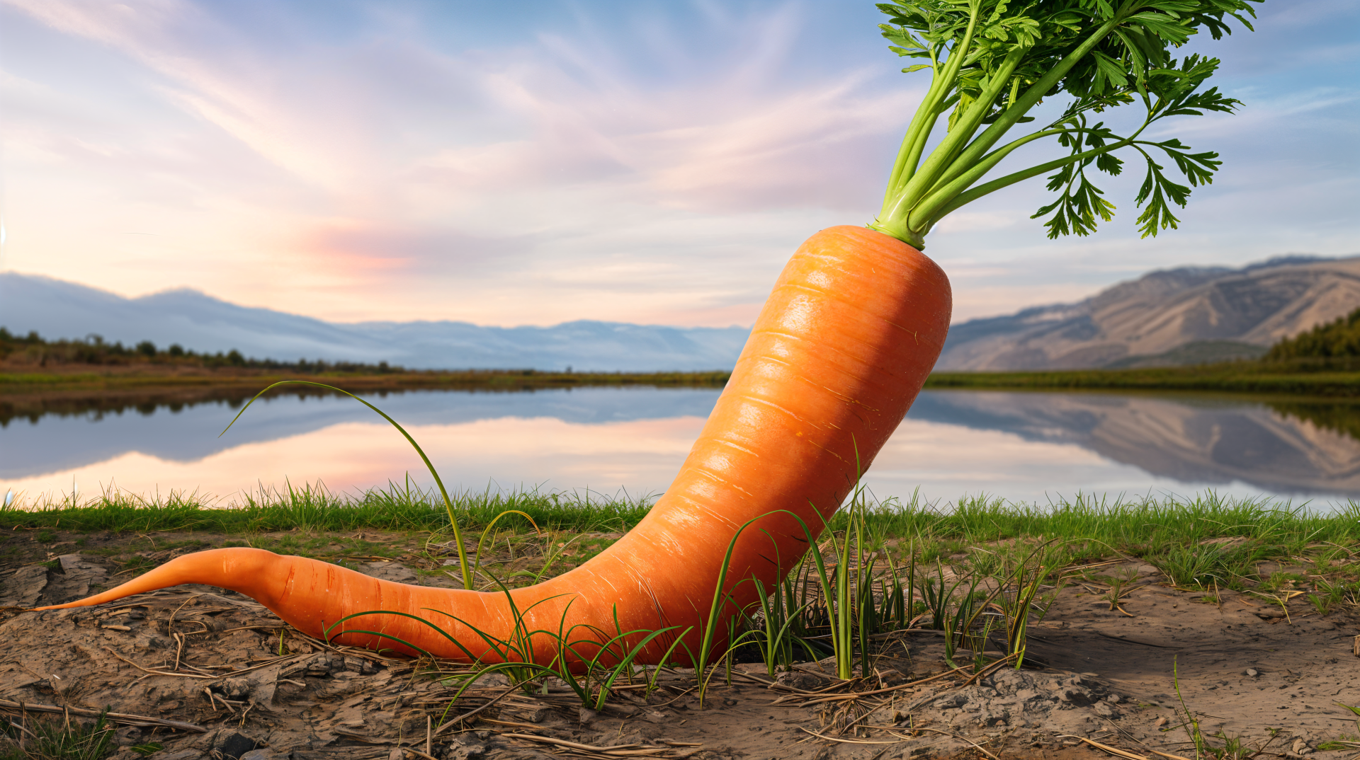 A vibrant carrot resting on soil with green tops, set against a tranquil natural landscape of water and mountains in 4K Ultra HD quality.