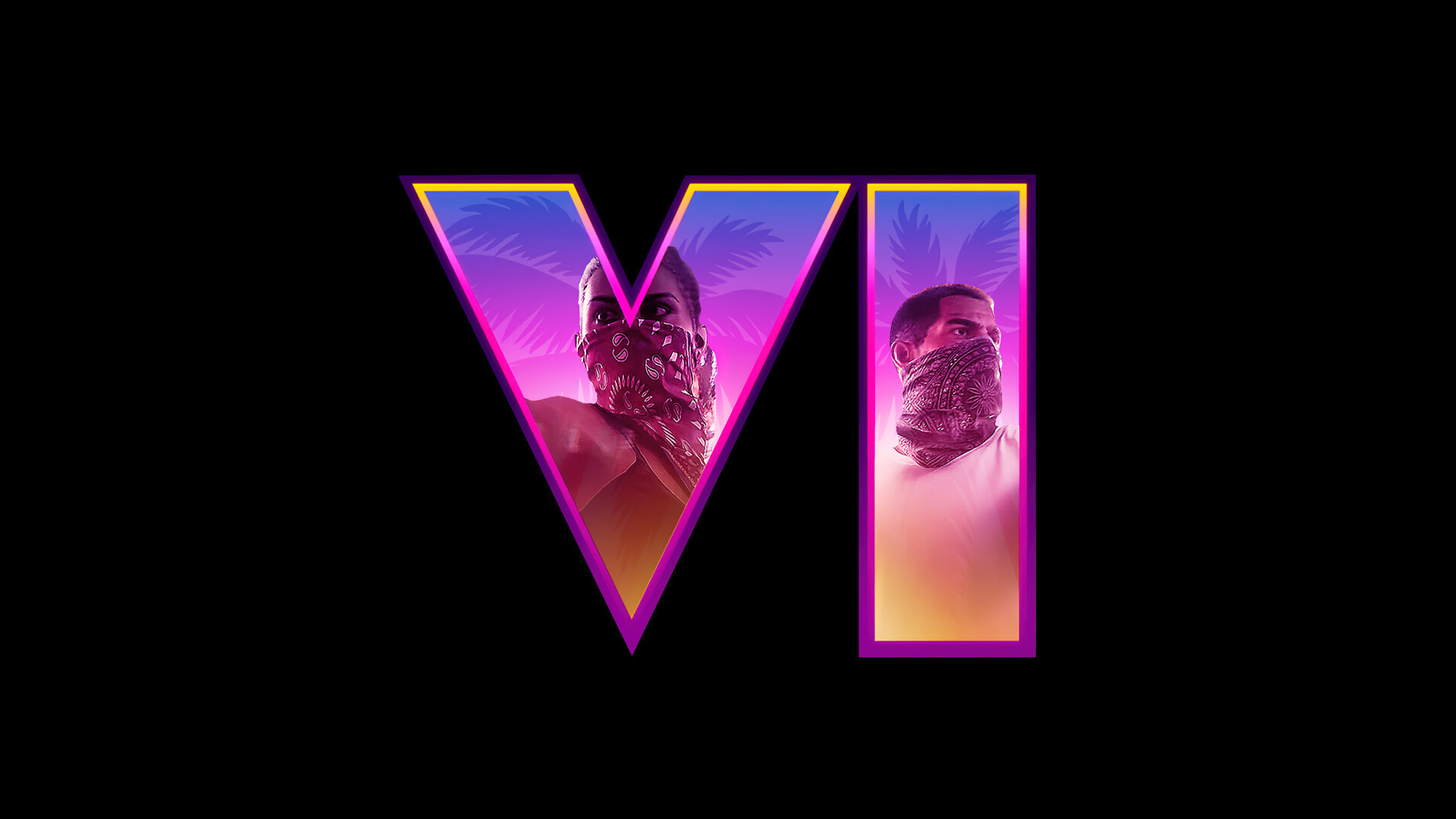 4K Ultra HD Grand Theft Auto VI wallpaper featuring the game's Roman numeral VI with characters set against a vibrant sunset background on a black backdrop.