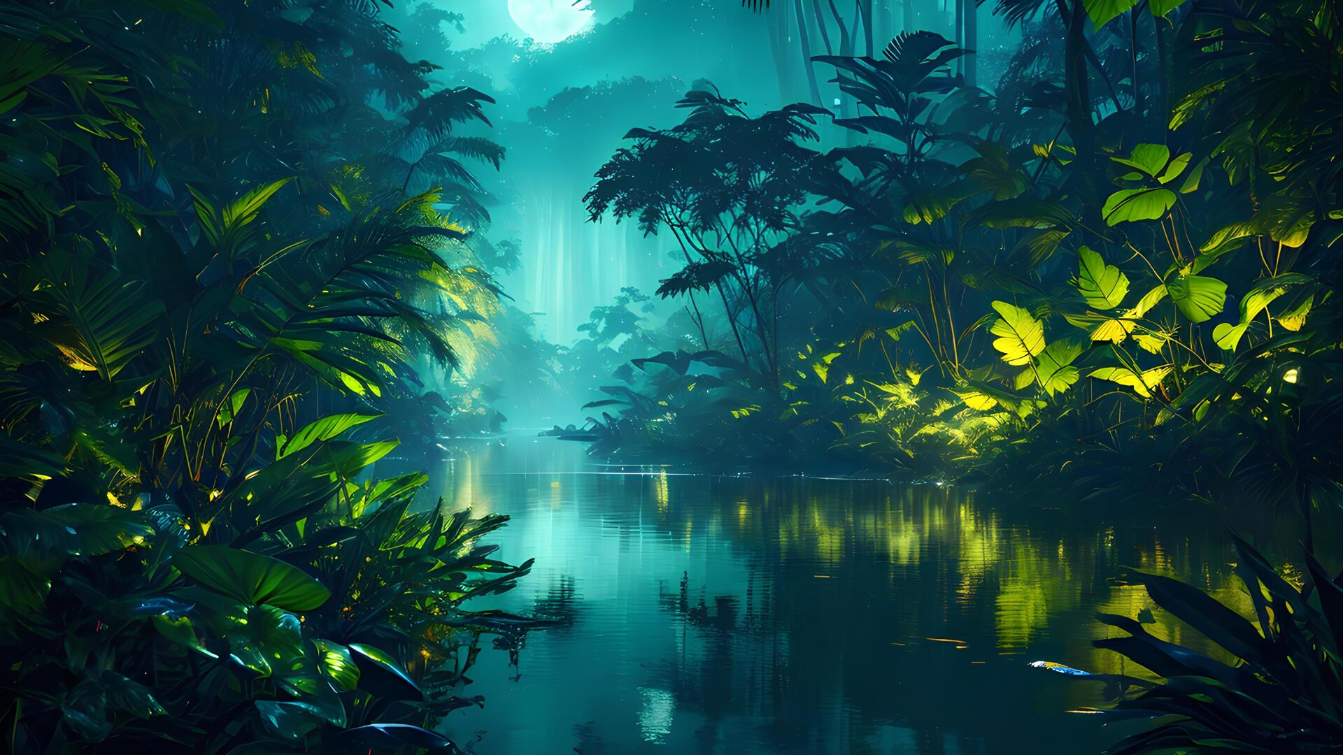 Lush forest landscape with dense foliage and a calm river, rendered in vibrant colors as an 8K Ultra HD PC desktop wallpaper.
