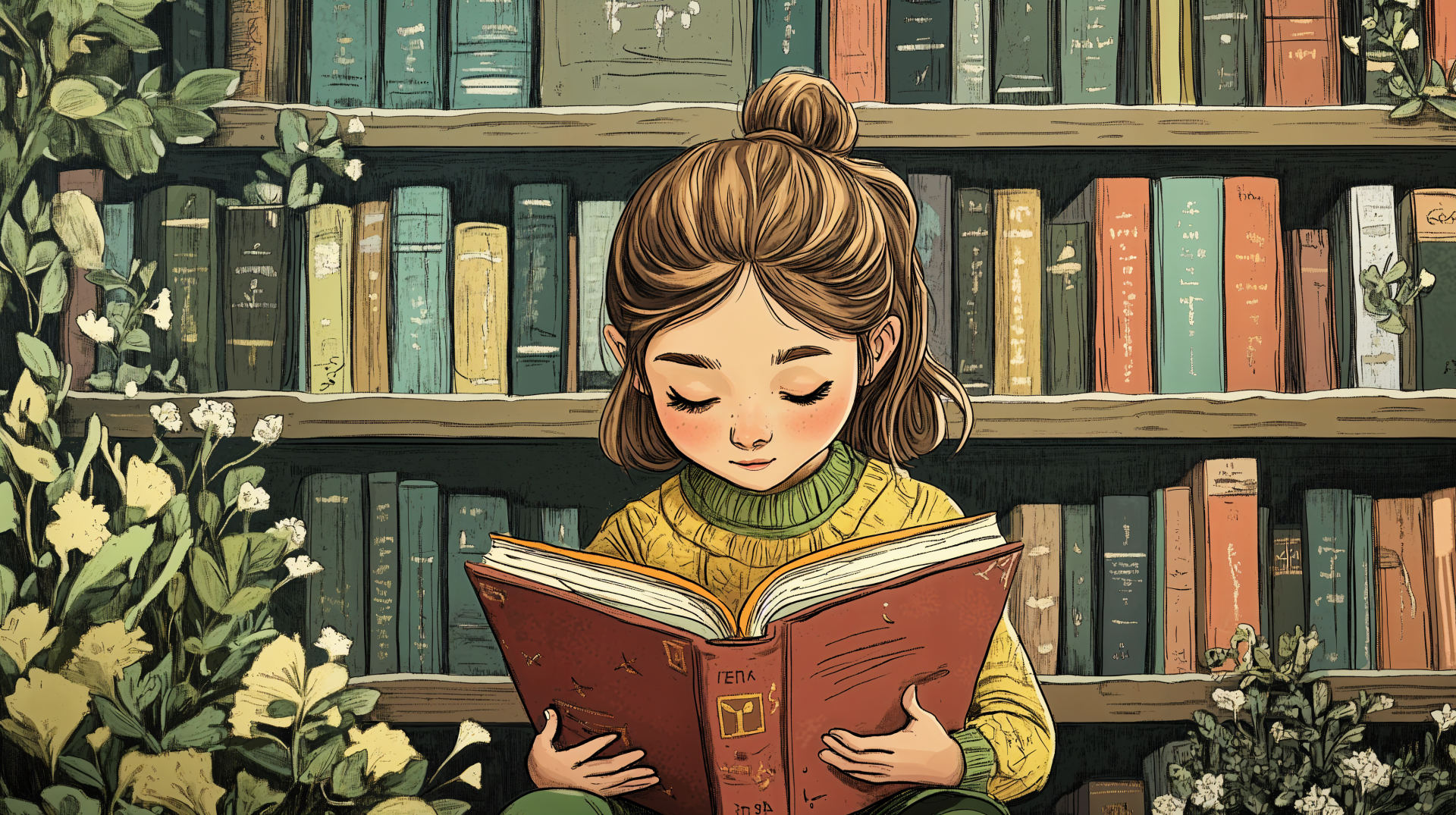A young girl reads a book intently, surrounded by a cozy library filled with colorful books and plants, creating a peaceful atmosphere in this 4K Ultra HD PC desktop wallpaper.
