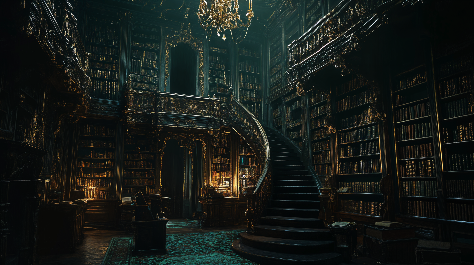 A dimly lit, opulent library featuring towering bookshelves, an ornate chandelier, and a grand staircase, embodying the essence of dark academia. 4K Ultra HD wallpaper.