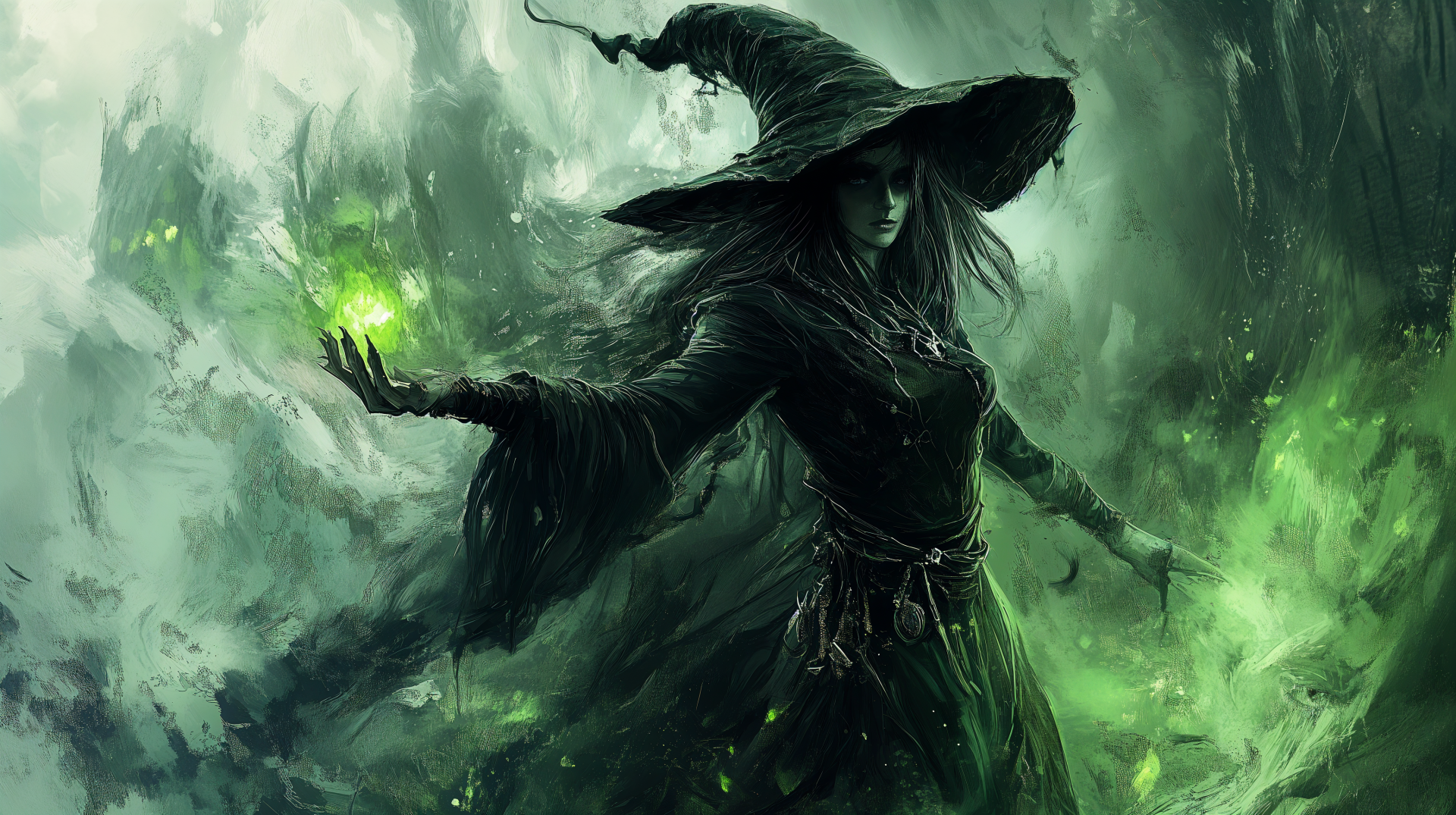A mystical witch in a dark, flowing robe casts a glowing green spell against a haunting fantasy backdrop, embodying the essence of witchcore in stunning 4K Ultra HD.