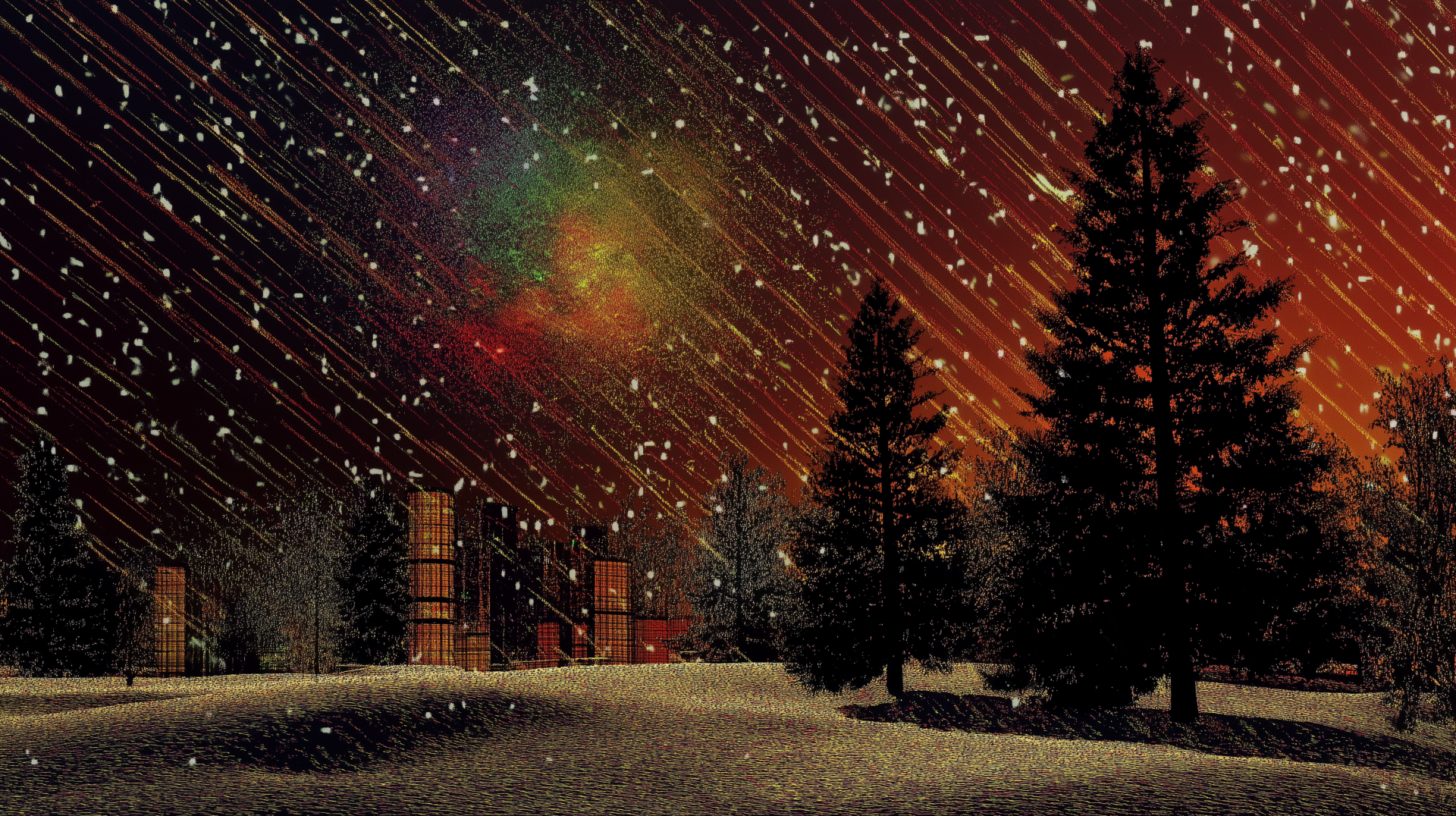 HD PC desktop wallpaper featuring a vibrant starry sky with streaks of light over silhouetted pine trees and a snowy urban landscape at dusk.