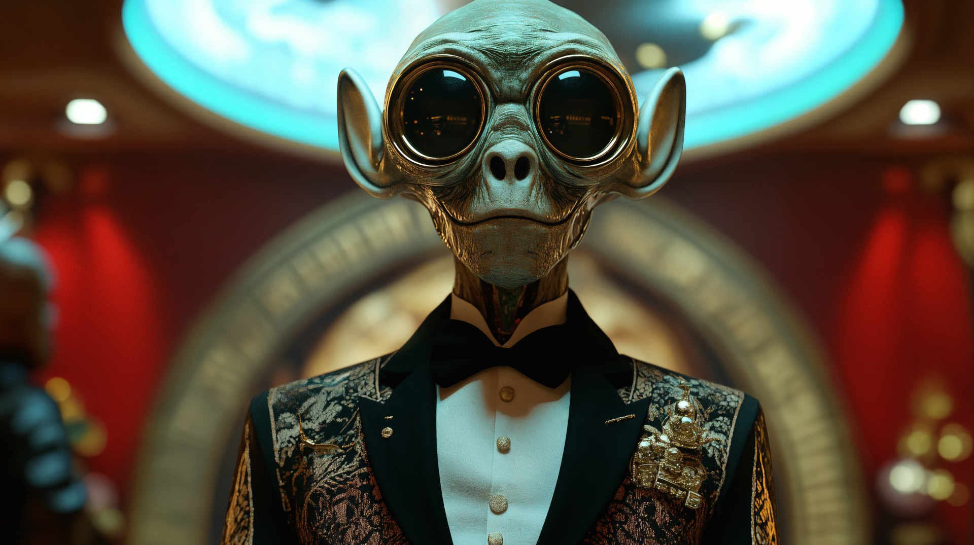 A striking sci-fi image of an alien diplomat with large glasses, dressed in an elegant tuxedo, set against a colorful, futuristic background. 4K Ultra HD wallpaper.