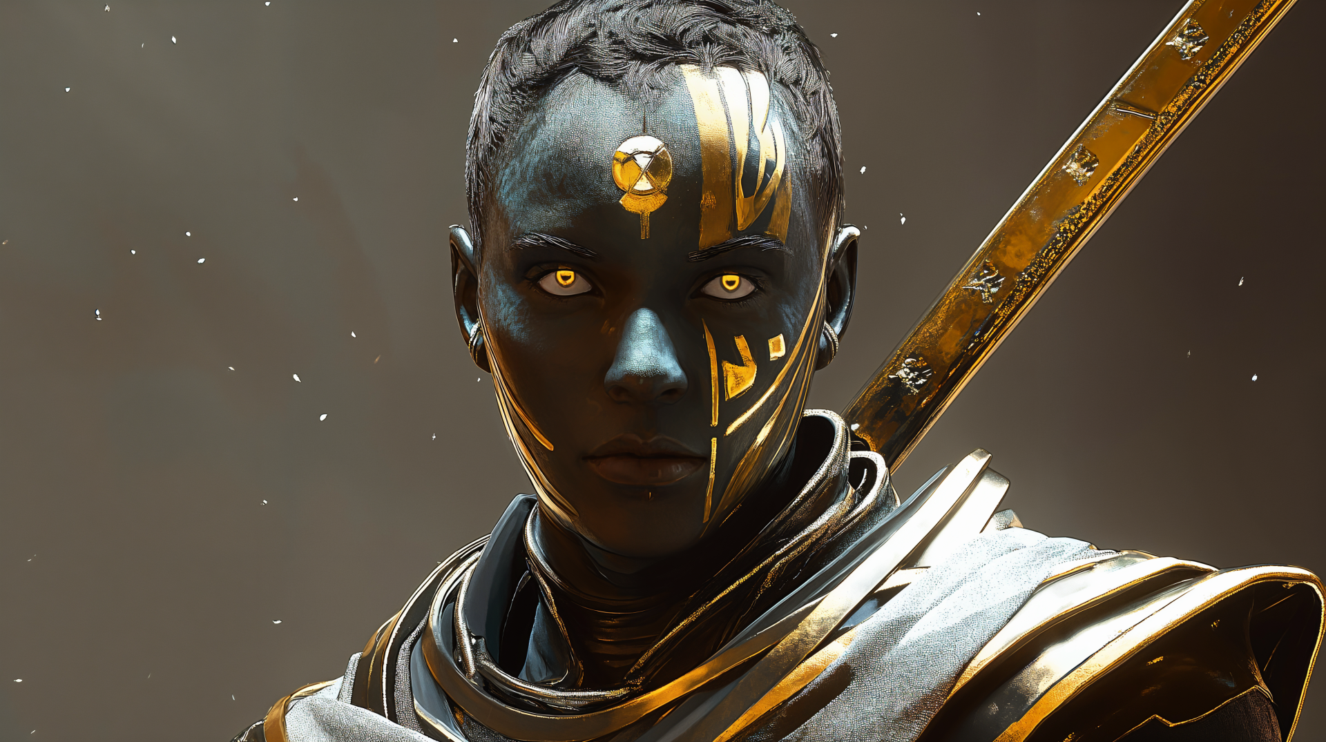 A striking Psionic Warrior stands boldly, adorned in intricate armor with golden accents, set against a cosmic backdrop. This 4K Ultra HD image captivates with its sci-fi allure.