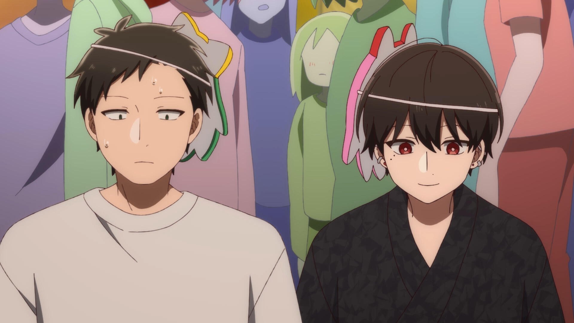 Anime-themed HD desktop wallpaper depicting two characters at an all-guy's mixer, highlighting their contrasting expressions amidst a colorful background of other attendees.