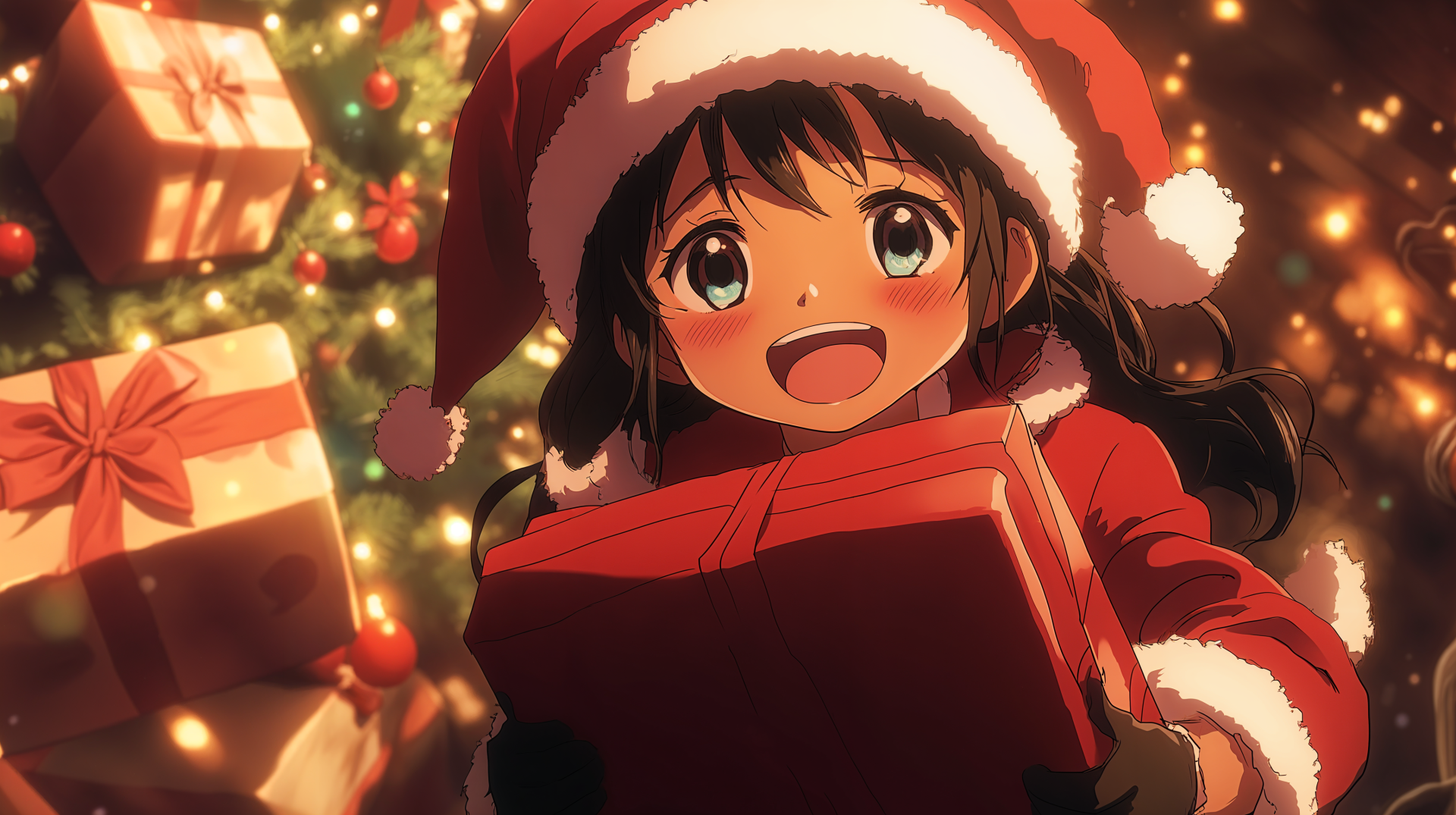 An anime girl in a Santa hat joyfully holds a gift, surrounded by Christmas decorations and a tree. This vibrant 4K Ultra HD wallpaper captures a festive holiday spirit.