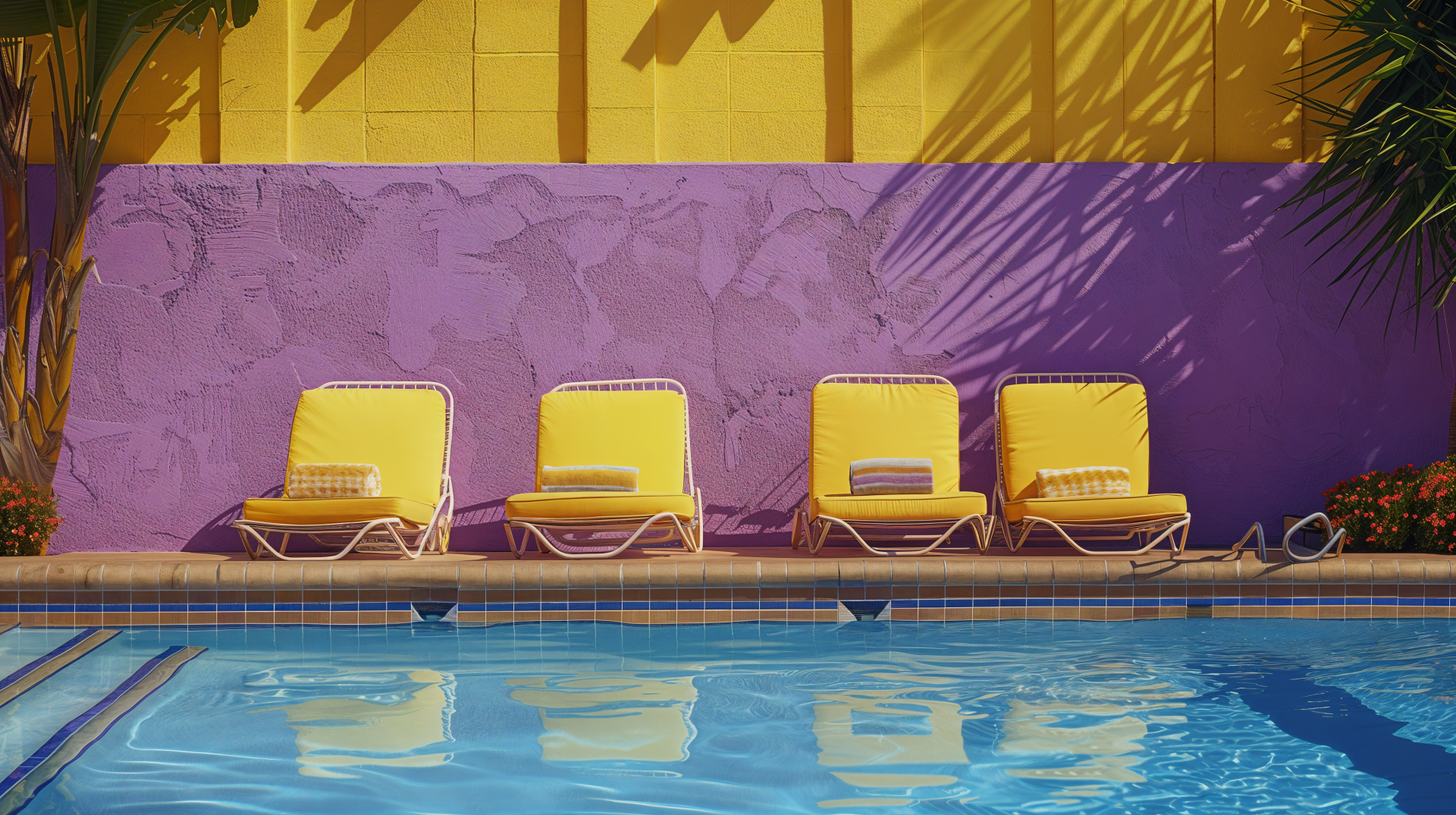 A vibrant poolside scene featuring a crystal-clear pool and four yellow loungers against a purple and yellow backdrop, capturing a relaxed summer vibe in stunning 4K Ultra HD.