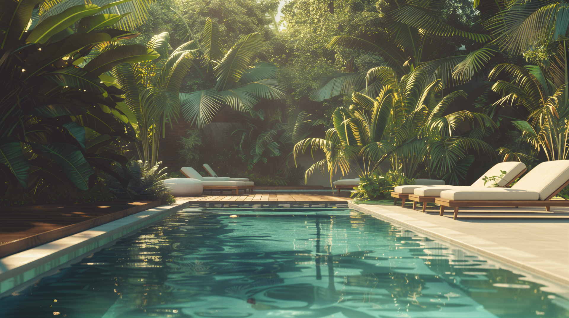 Serene poolside scene surrounded by lush greenery, featuring a tranquil swimming pool and comfortable lounge chairs. This vibrant 4K Ultra HD wallpaper captures a relaxing vibe.