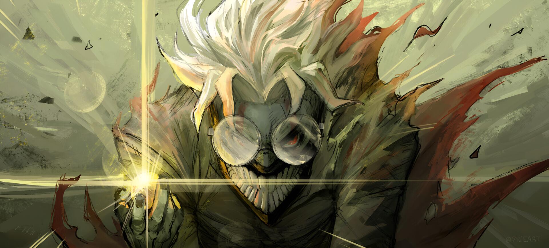 HD anime desktop wallpaper featuring a dark, intense character from Dandadan with wild white hair, goggles, and a glowing finger, evoking Ken Takakura's tough persona.