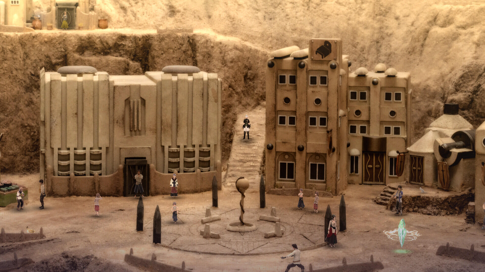 An intricate scene from FANTASIAN Neo Dimension showcases detailed architecture and characters in a whimsical landscape, serving as a captivating HD PC desktop wallpaper and background.