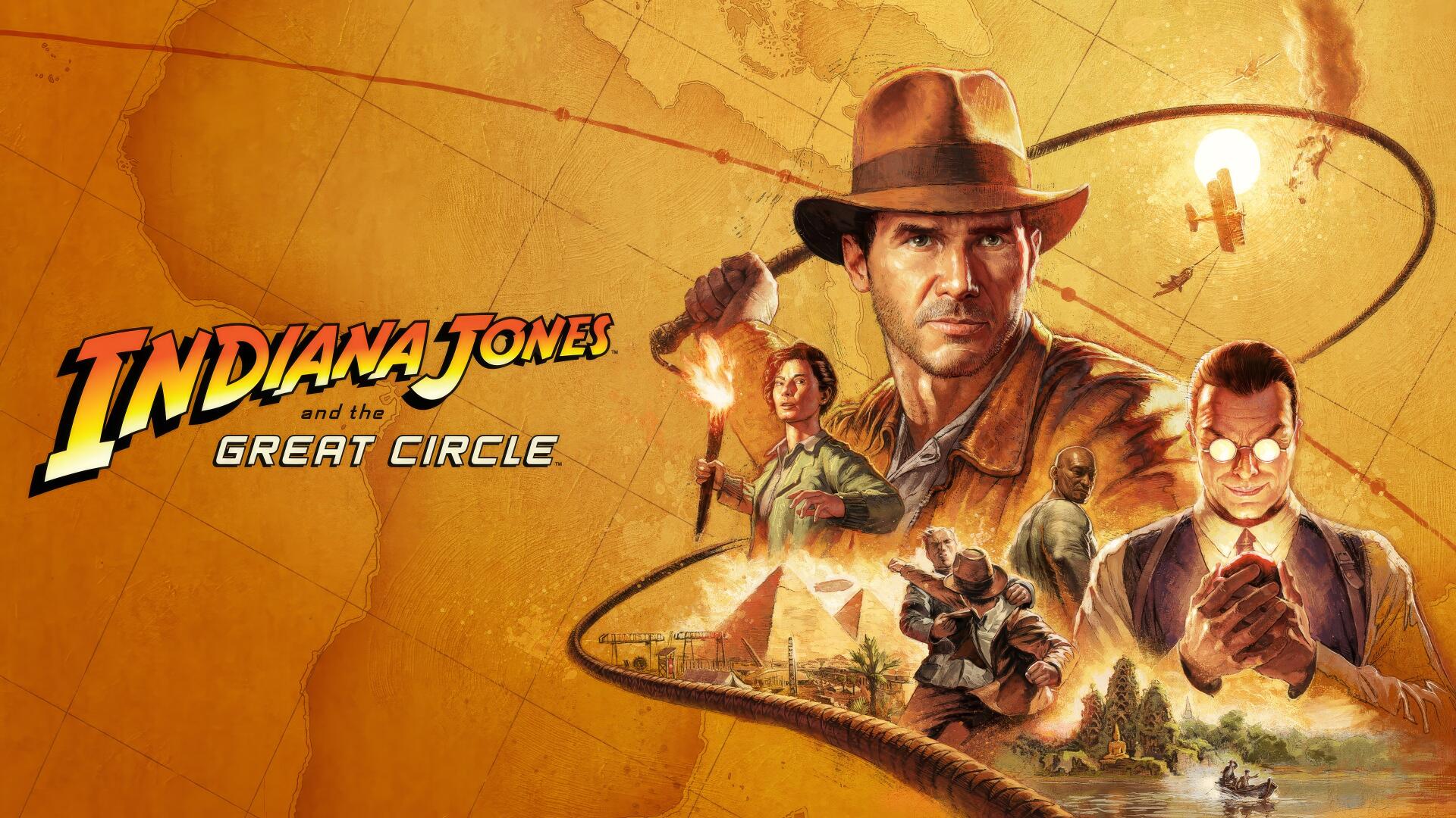 4K Ultra HD PC desktop wallpaper featuring Indiana Jones and characters from the video game Indiana Jones and the Great Circle, set against an adventurous map background.