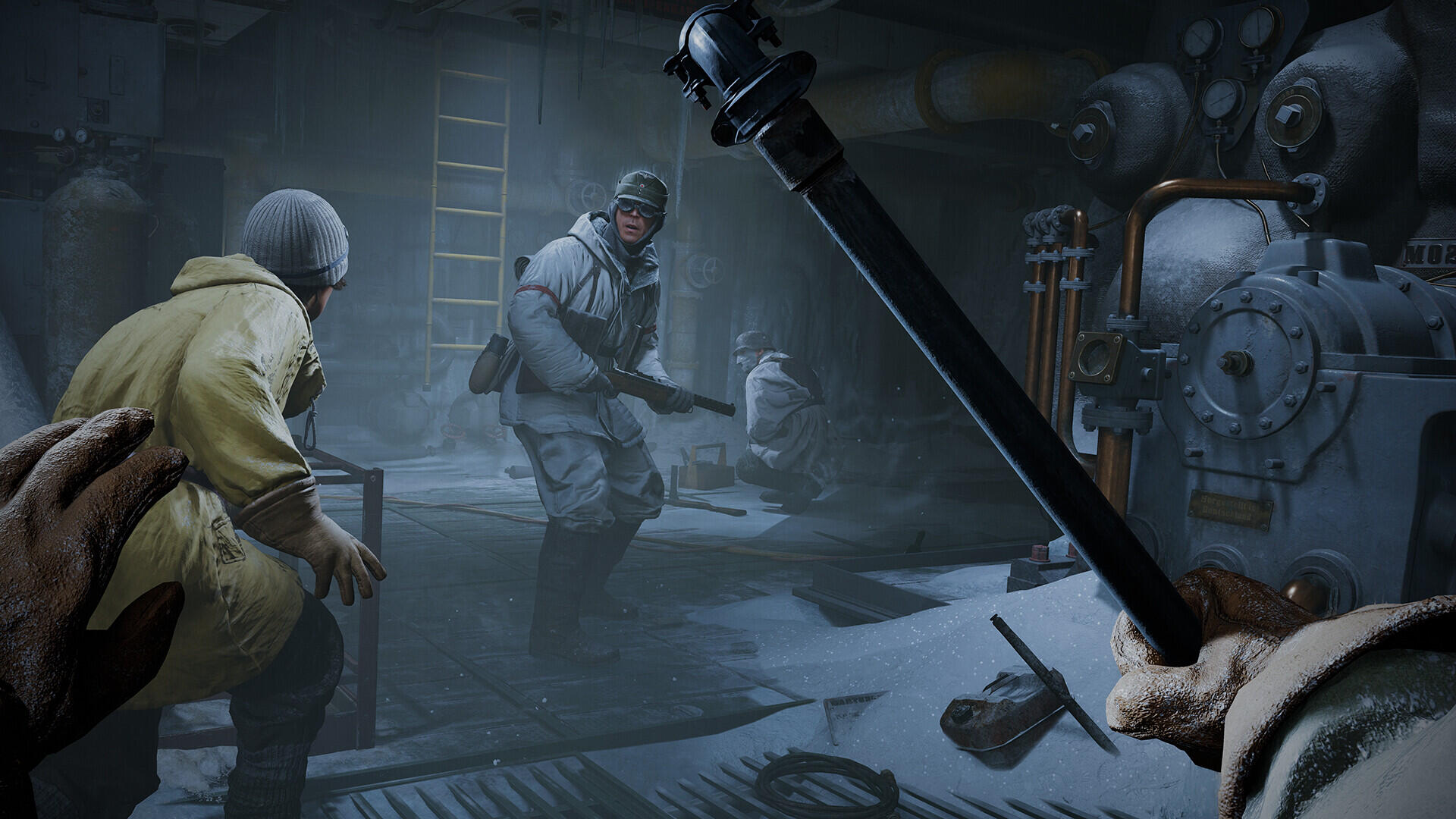 A dramatic scene inspired by the video game Indiana Jones and the Great Circle, featuring characters in winter gear amidst a tense, shadowy environment. High-definition PC wallpaper.