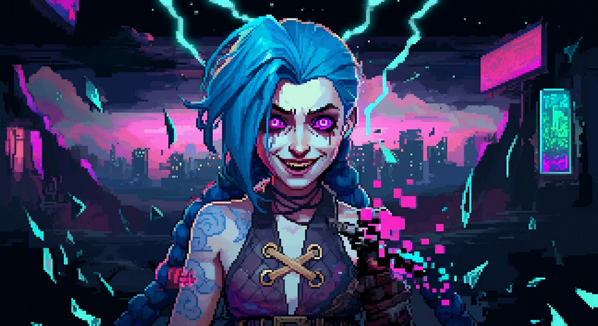 HD PC desktop wallpaper featuring Jinx from League of Legends with vibrant blue hair and electric effects against a neon-lit cityscape background.