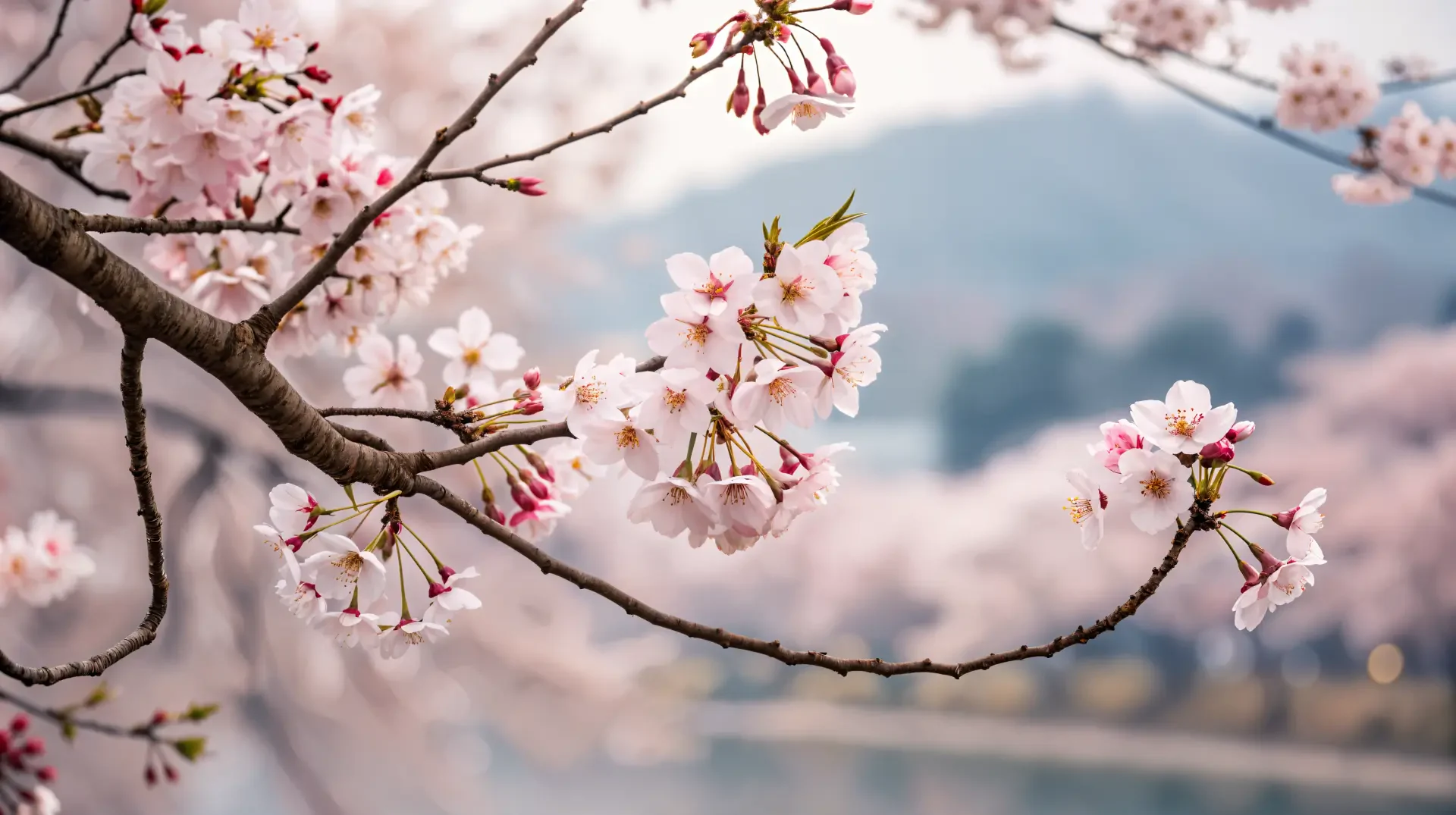 A serene close-up of cherry blossoms in full bloom, showcasing delicate pink petals against a softly blurred natural backdrop, designed as a 4K Ultra HD desktop wallpaper.
