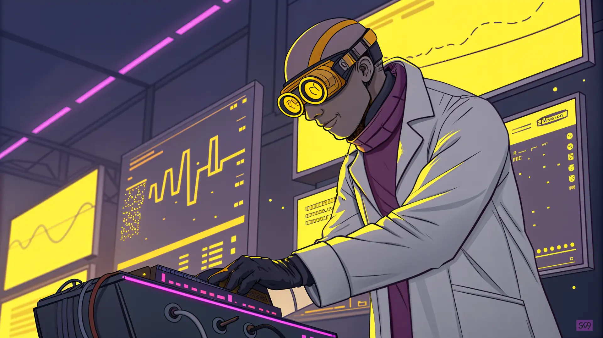 A cyberneticist in a futuristic lab, wearing goggles and a lab coat, works on high-tech equipment while vibrant screens display data and graphs in the background. 4K Ultra HD wallpaper.