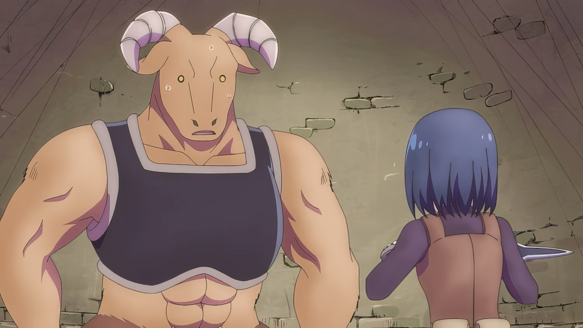 Anime-style HD PC desktop wallpaper from Dungeon People, featuring a muscular minotaur character and a blue-haired figure in a dungeon setting.