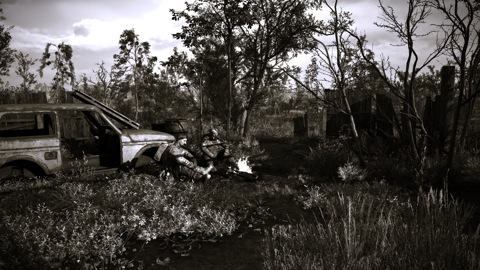 A haunting 4K Ultra HD wallpaper from S.T.A.L.K.E.R. 2: Heart of Chernobyl, depicting a desolate landscape with overgrown vegetation and remnants of abandoned vehicles.