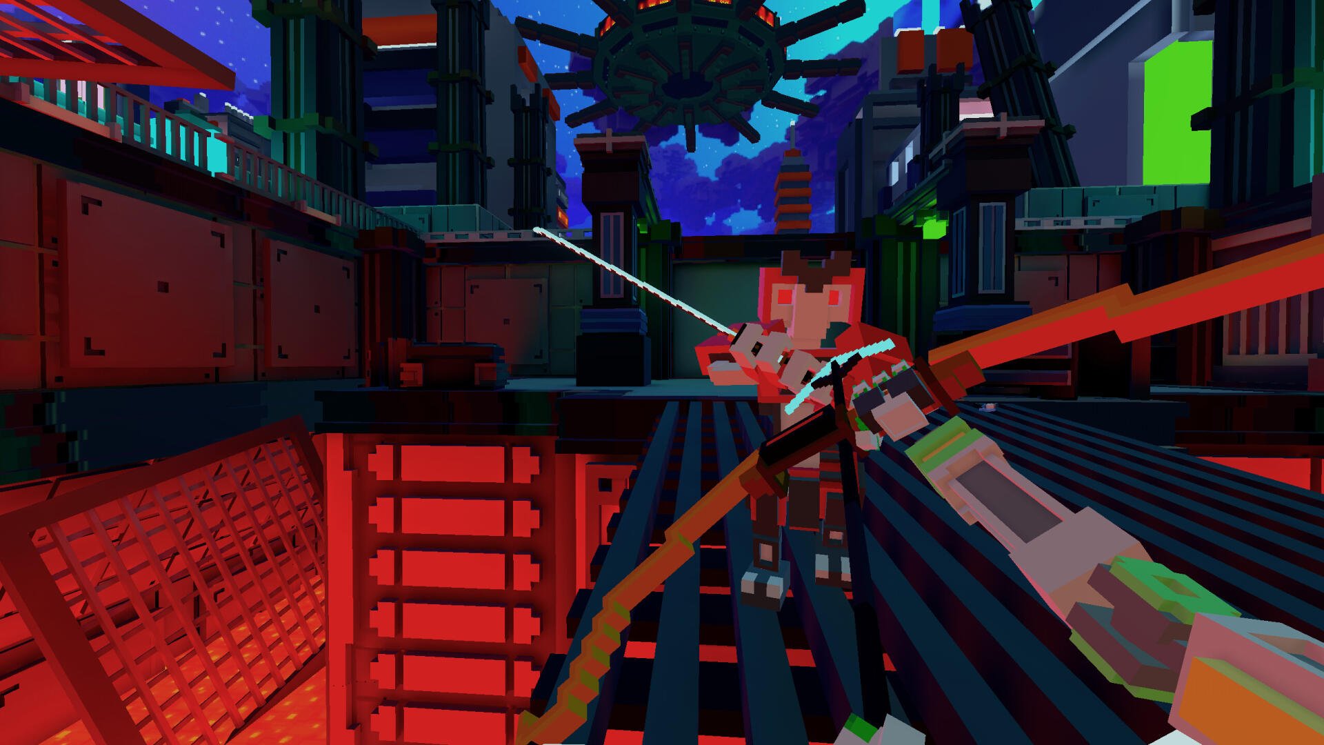 A vibrant HD wallpaper from the video game Clone Drone in the Hyperdome, featuring a character aiming an arrow in a futuristic, high-tech arena.
