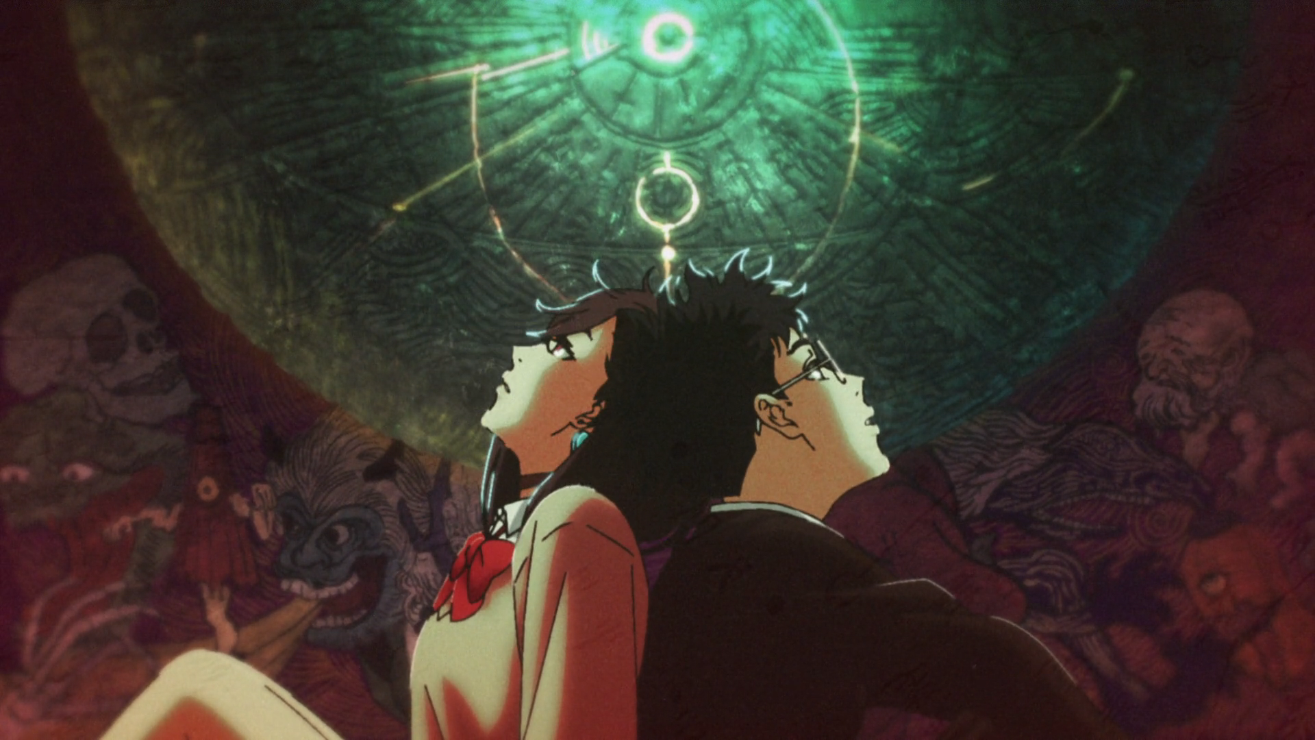 HD PC desktop wallpaper featuring anime characters Momo Ayase and Ken Takakura from Dandadan, set against a glowing, mystical background.