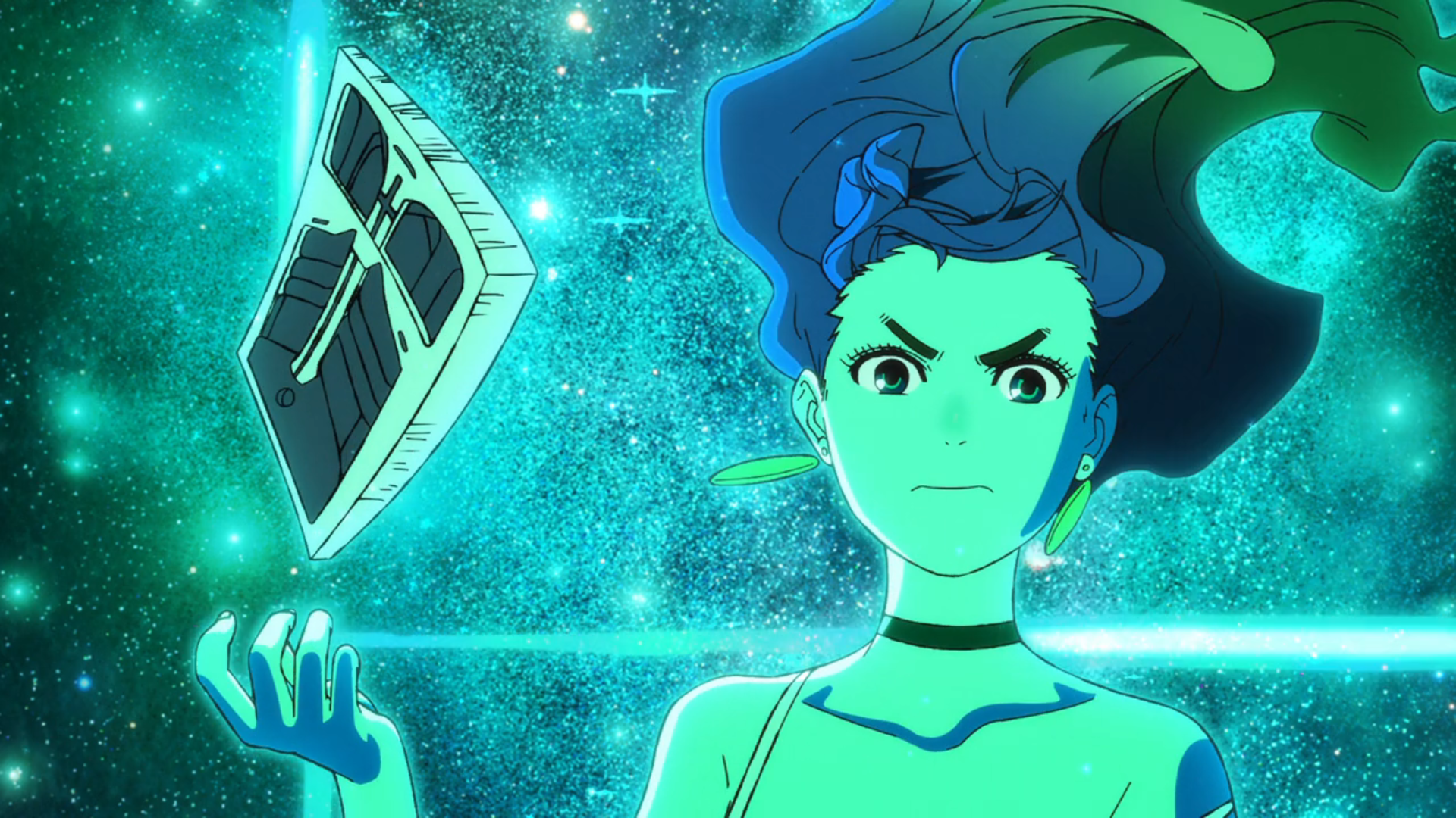 HD PC desktop wallpaper featuring Momo Ayase from the anime Dandadan, set against a vibrant, glowing cosmic background.