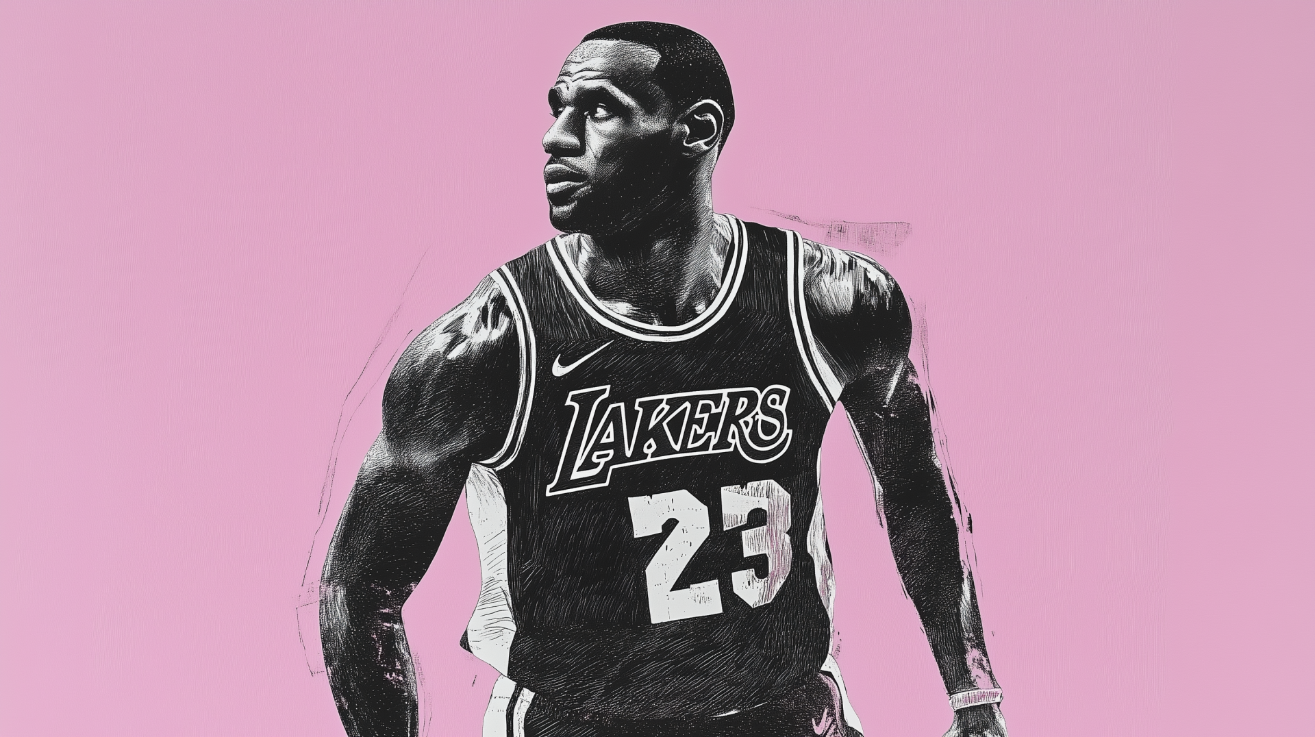 LeBron James in action, wearing the Los Angeles Lakers' jersey, set against a vibrant pink background. An HD basketball-themed wallpaper capturing NBA star moments.